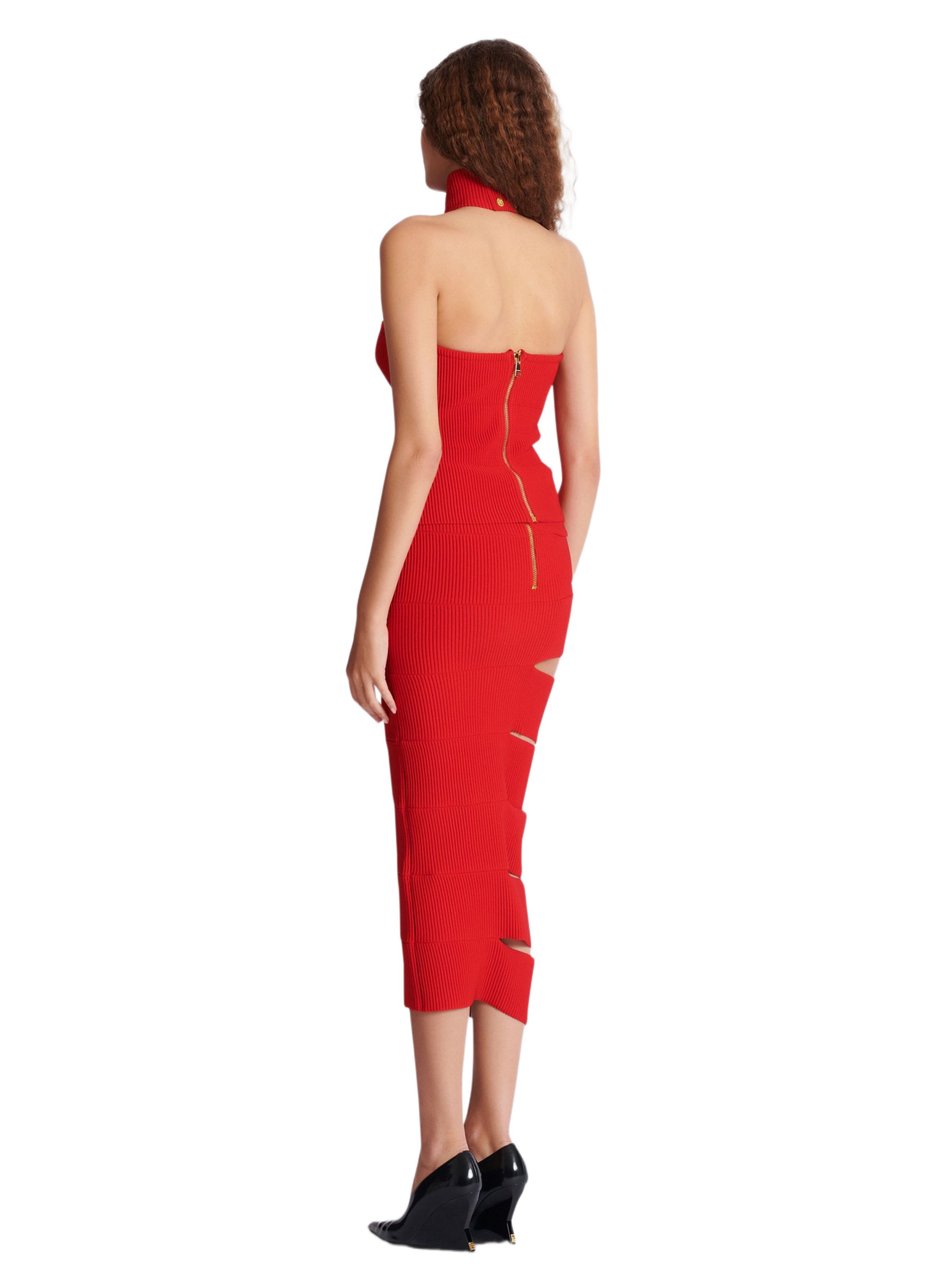 Jupe longue en maille découpée BALMAIN Rouge