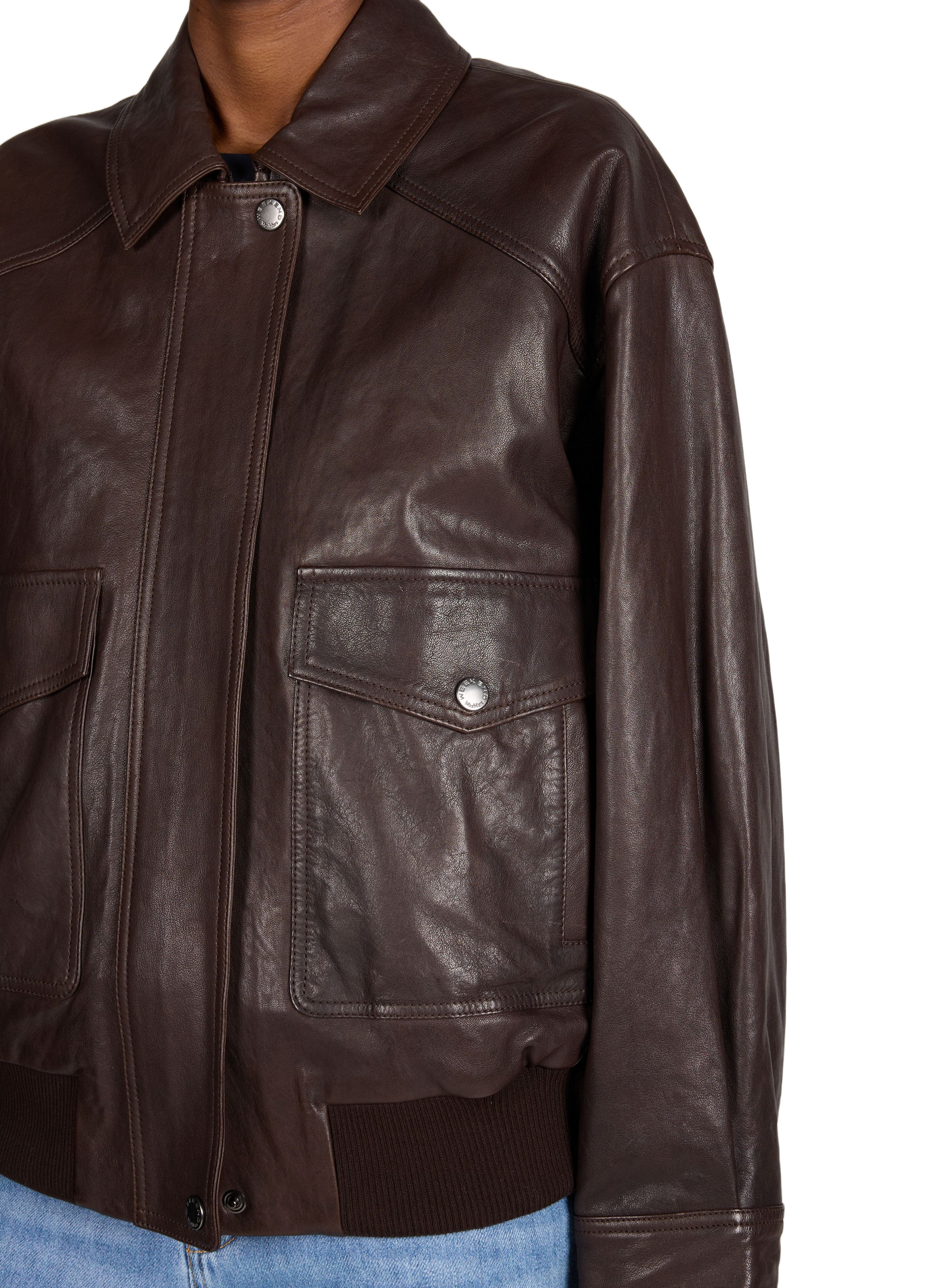Oversized leather jacket with classic collar WEEK END Brown