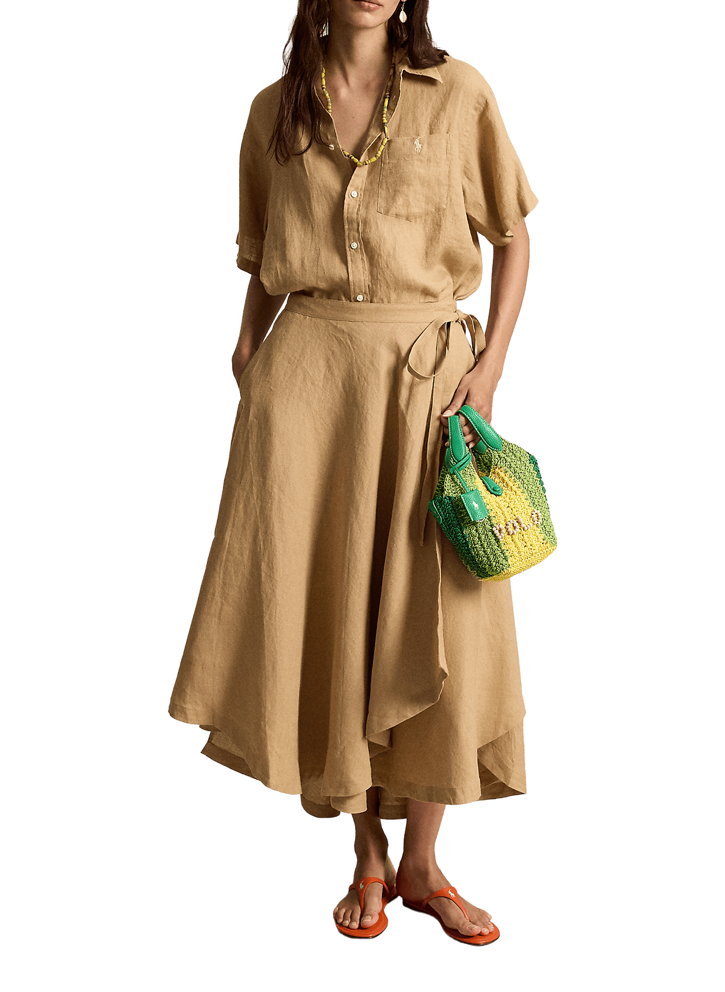 Chemise unie à manches courtes en lin POLO RALPH LAUREN Beige