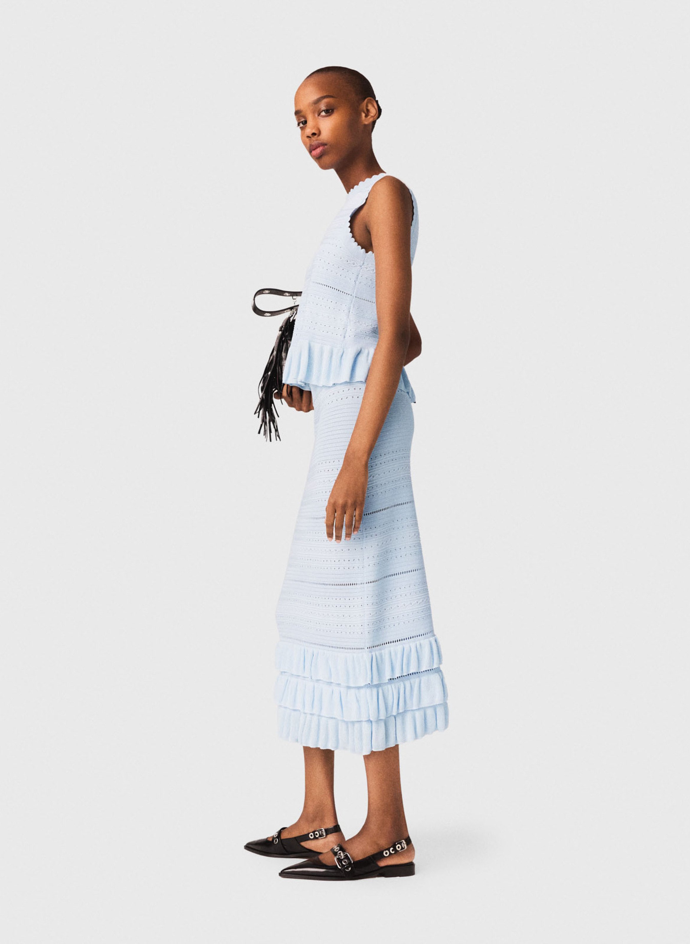 Jupe longue droite en maille MAJE Bleu