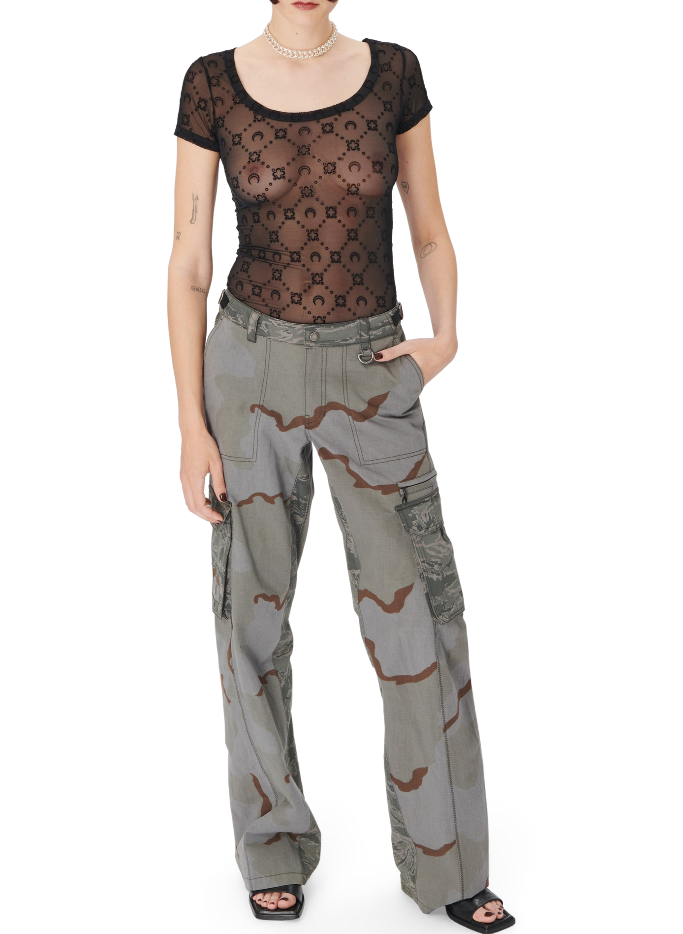 Top col ouvert en mesh floqué recyclé MARINE SERRE Noir