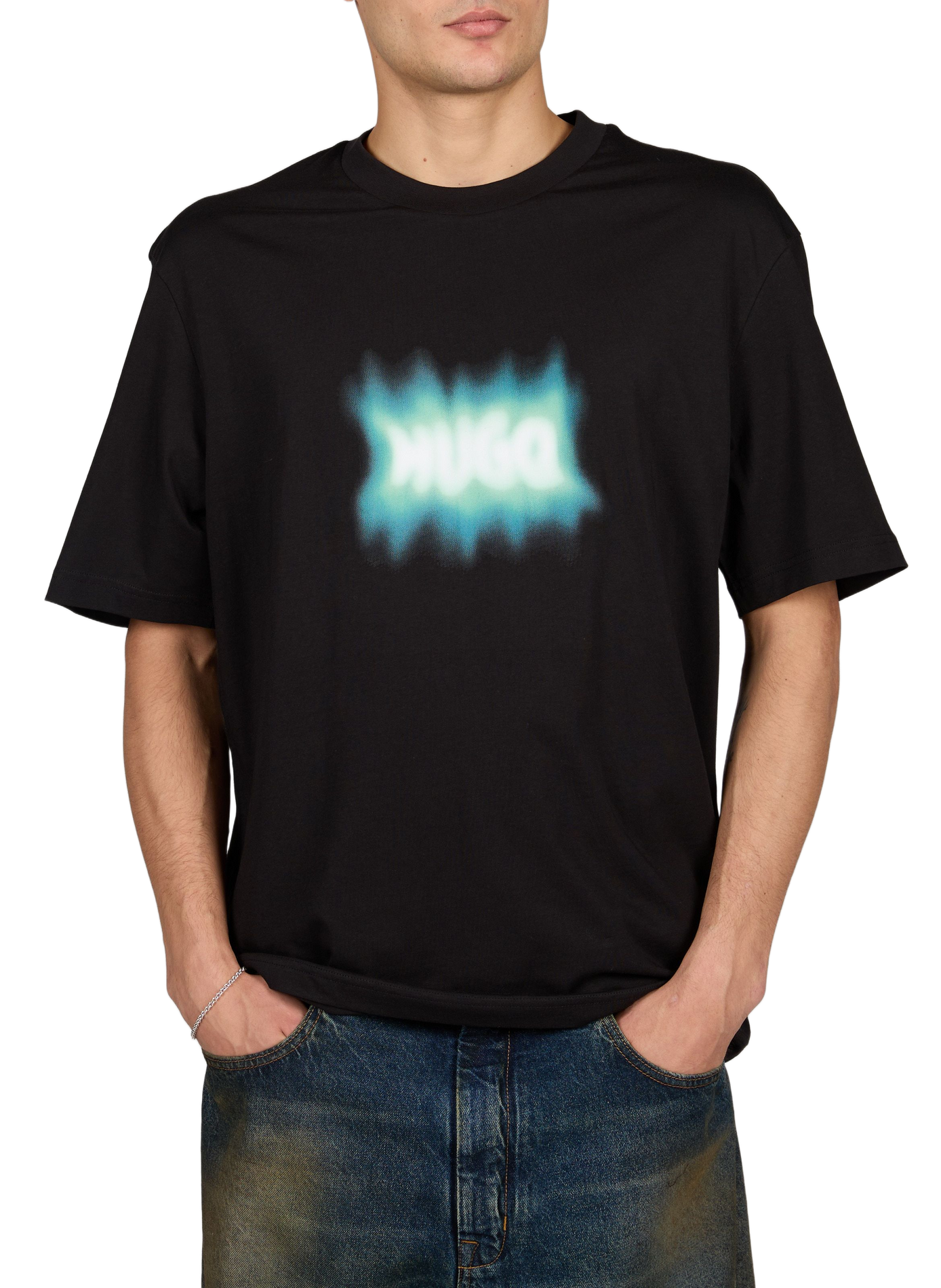 Gerade geschnittenes T-Shirt mit Rundhalsausschnitt und Siebdruck HUGO BLUE Schwarz