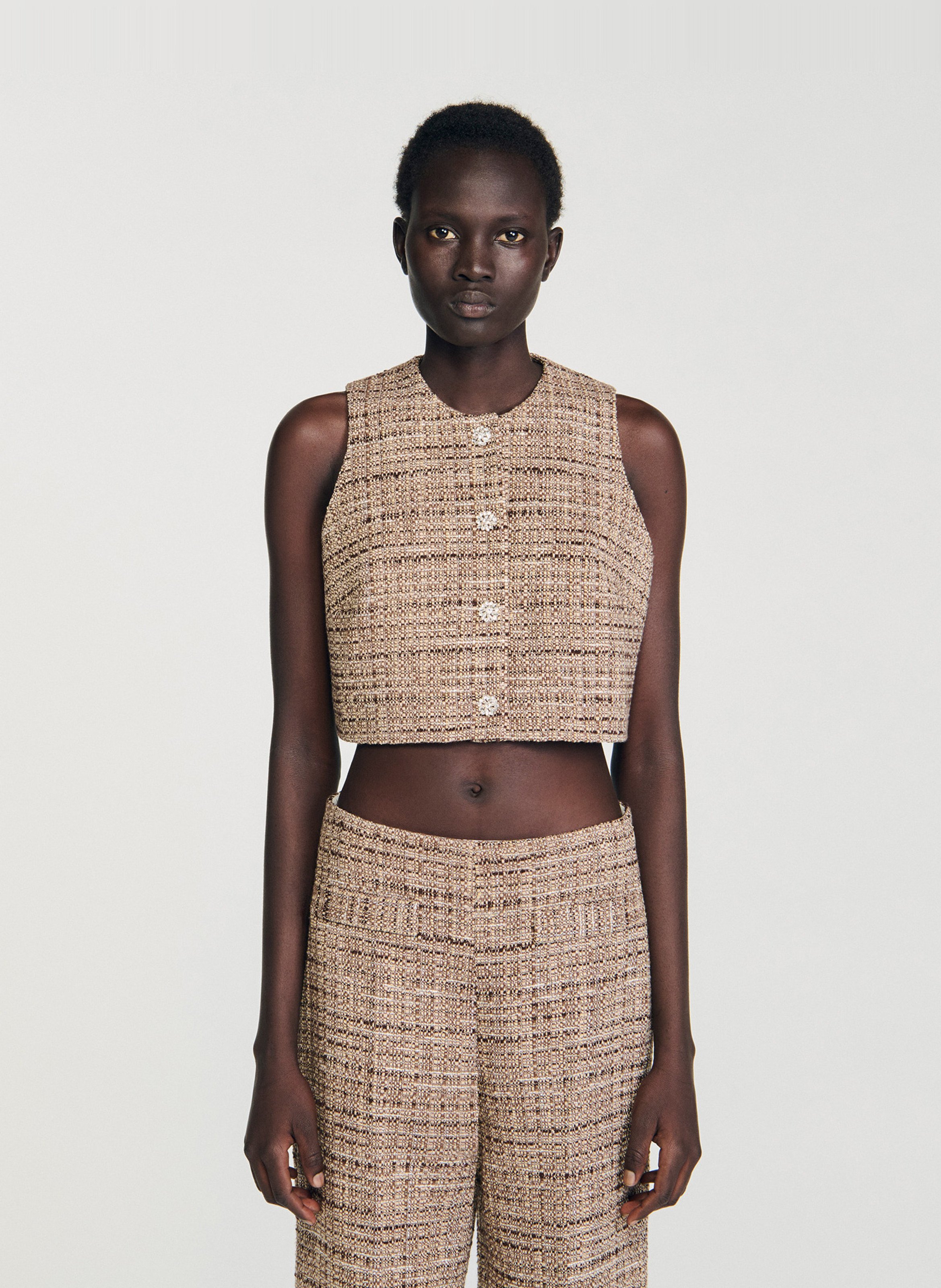 Top court sans manches en tweed SANDRO Marron
