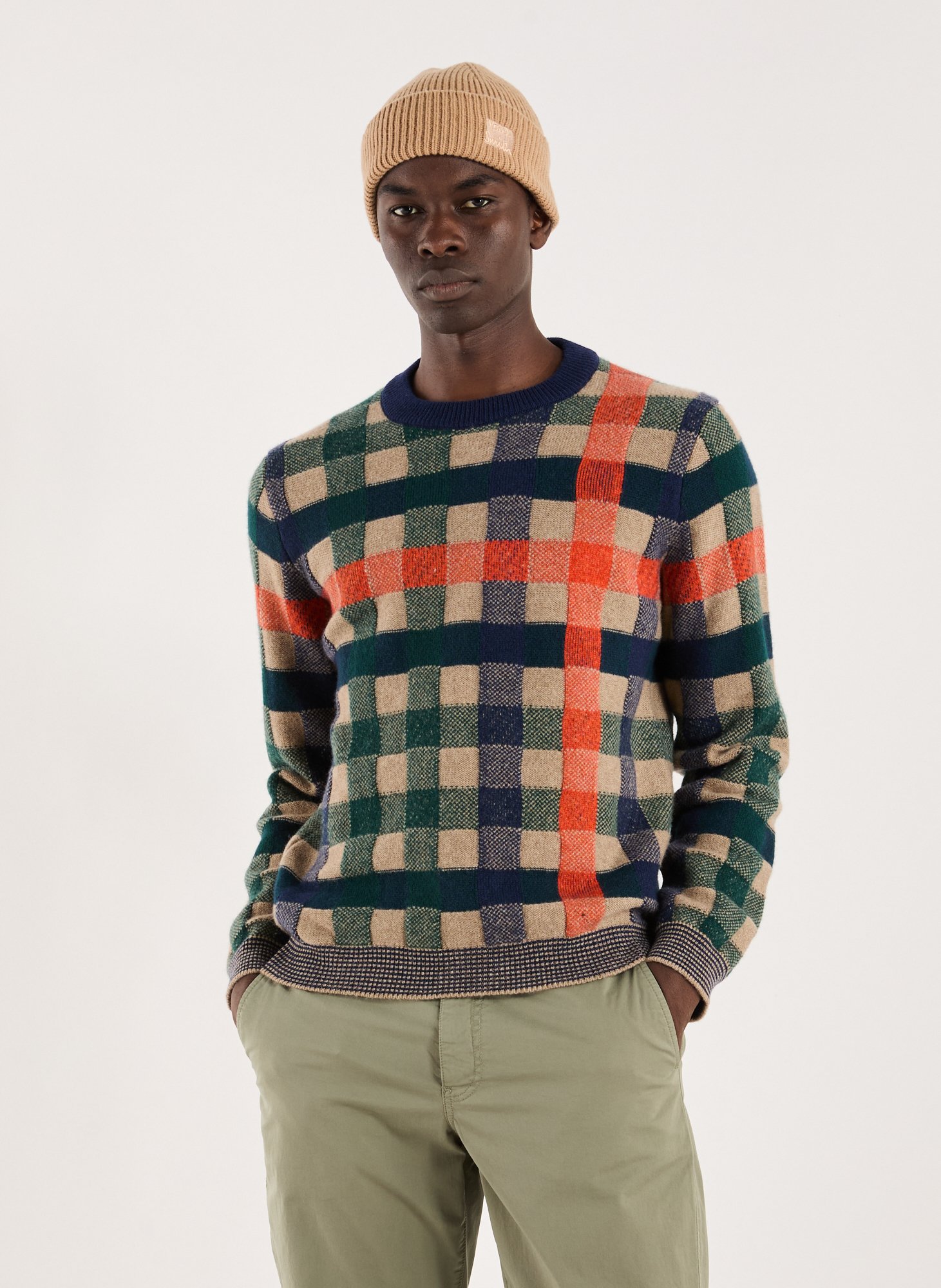 PAUL SMITH Pull col rond à carreaux en laine Marron