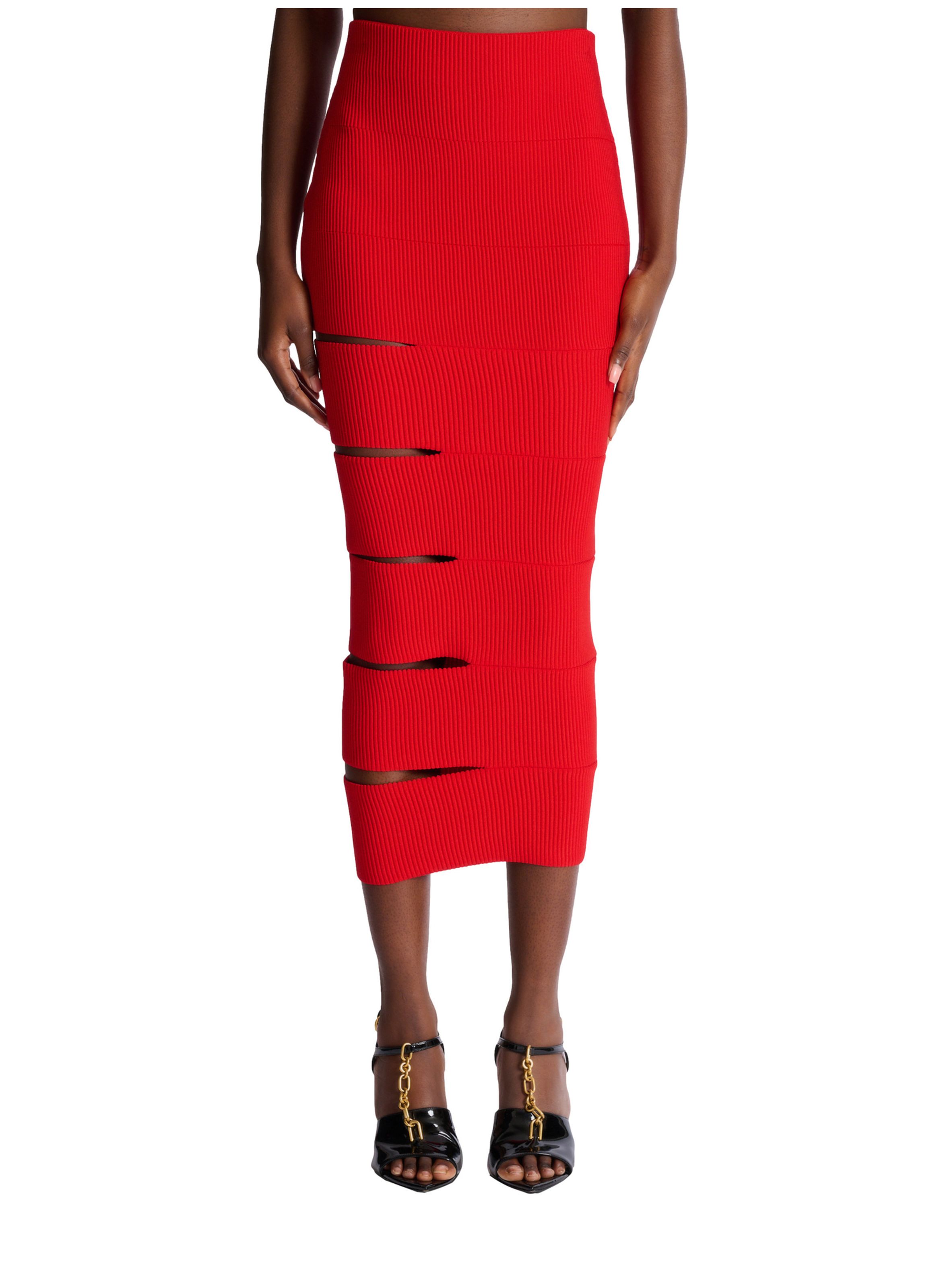 Jupe longue en maille découpée BALMAIN Rouge