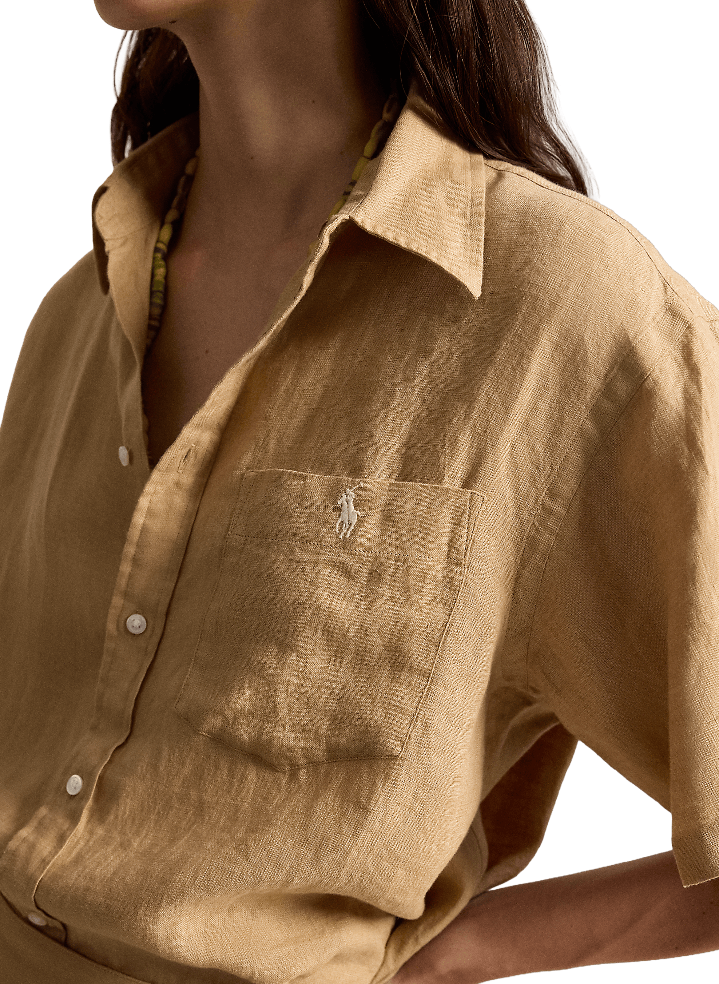 Chemise unie à manches courtes en lin POLO RALPH LAUREN Beige