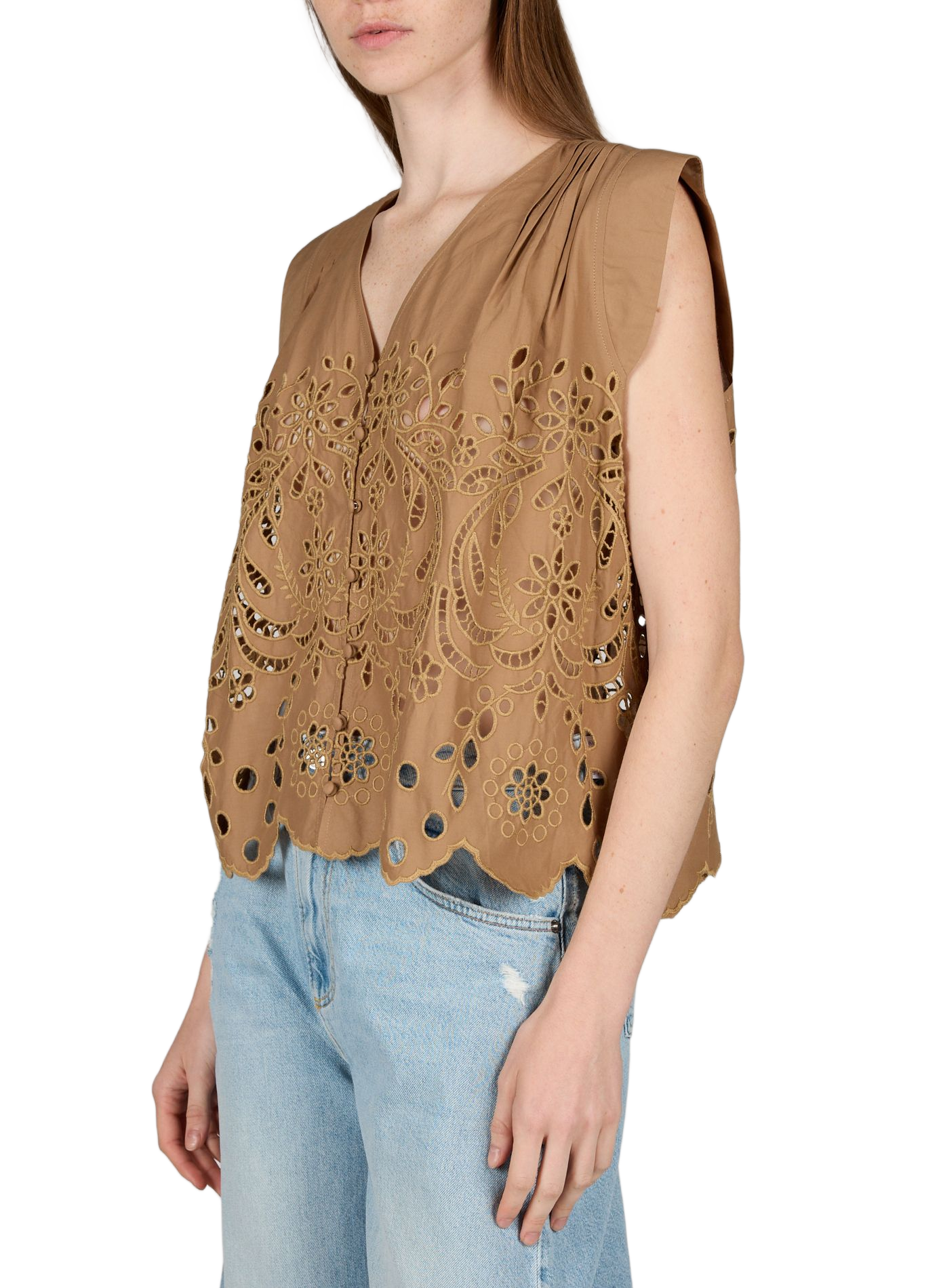 Top sans manches brodé en coton BERENICE Beige