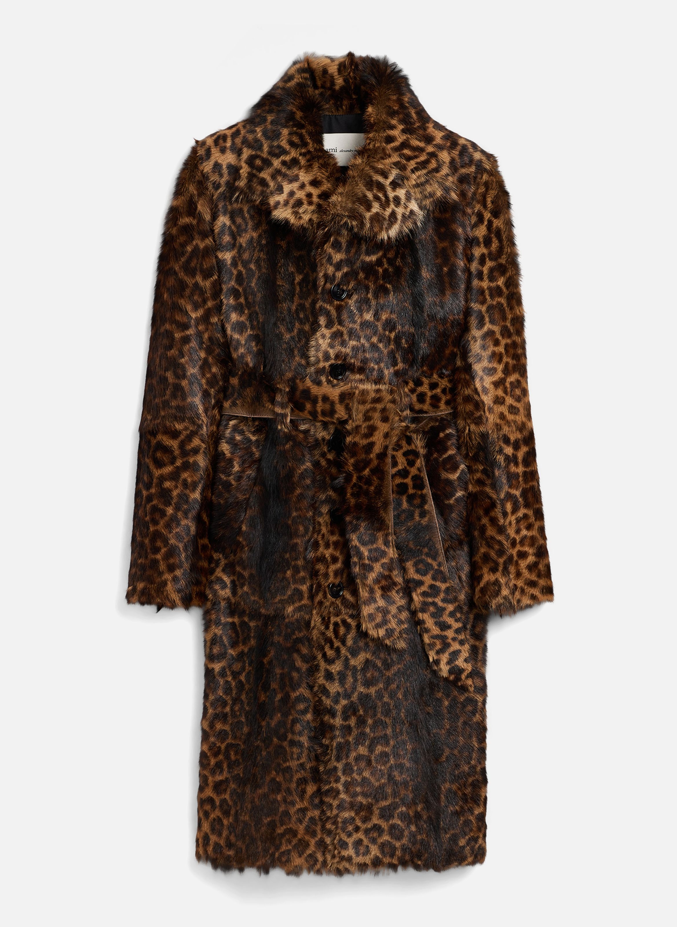 Manteau long léopard ceinturé en cuir de chèvre AMI PARIS Marron