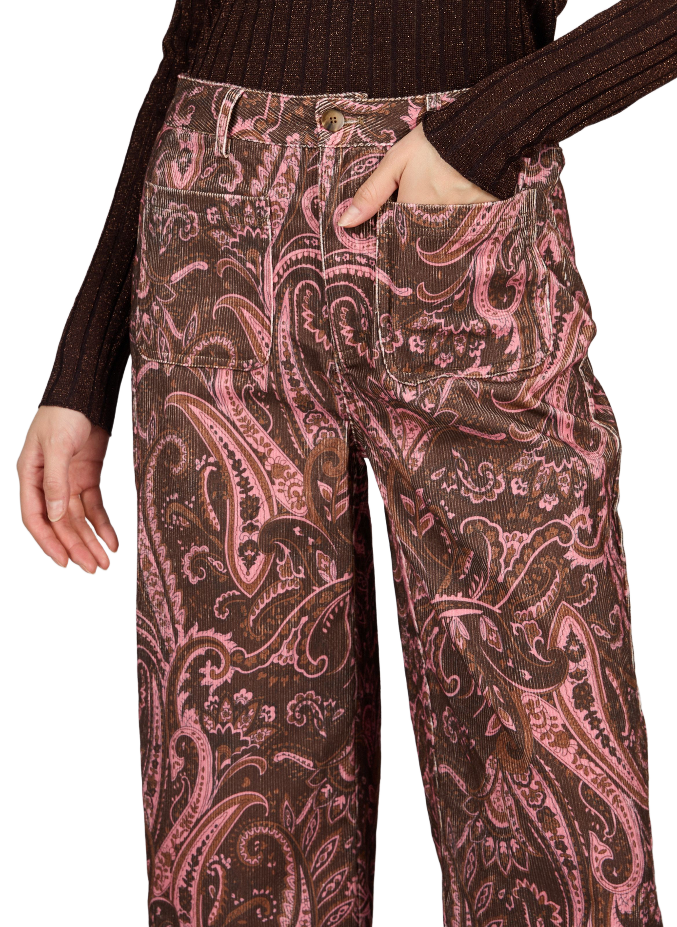 Wijde geribde broek met motief GARANCE Bruin