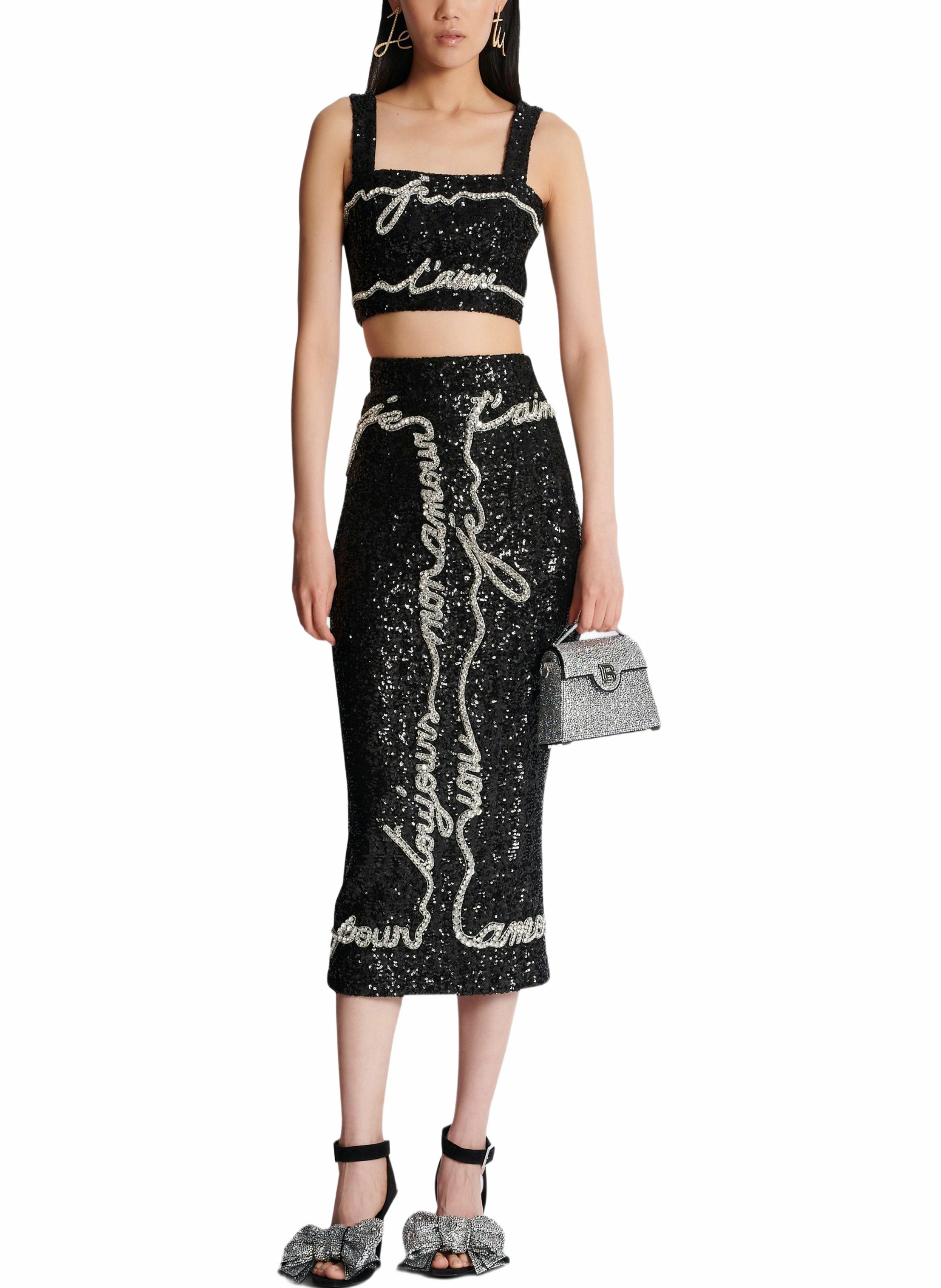 Jupe midi en sequins avec broderie « lettre d'amour » BALMAIN Noir