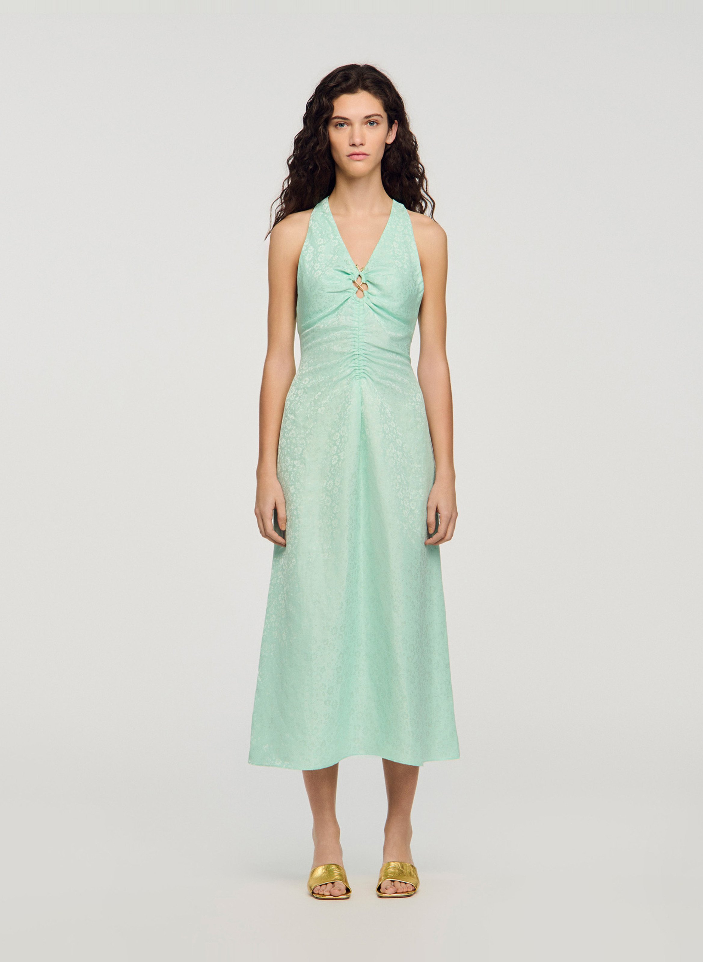 Robe longue col v imprimée SANDRO Vert