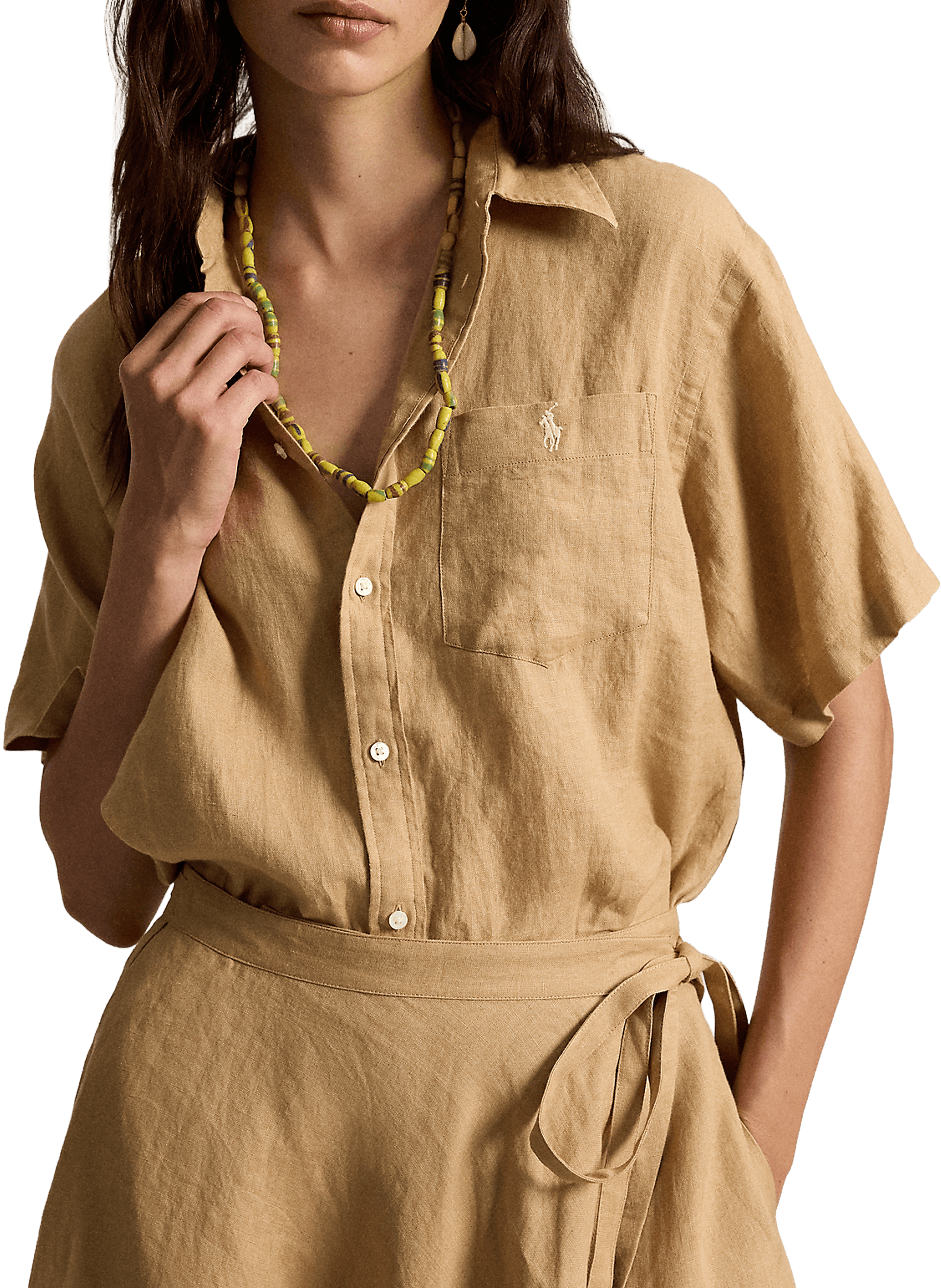 Chemise unie à manches courtes en lin POLO RALPH LAUREN Beige
