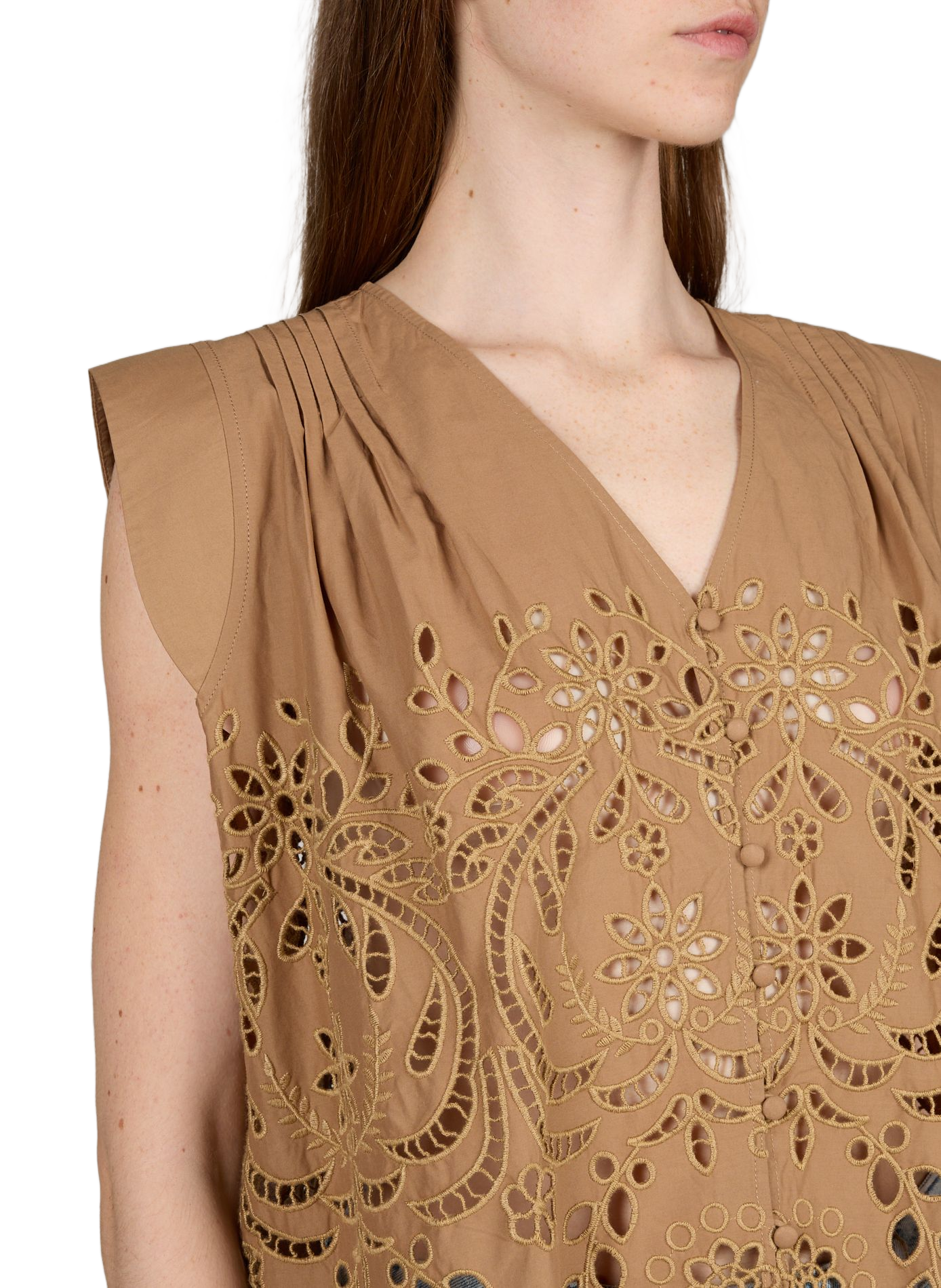 Top sans manches brodé en coton BERENICE Beige