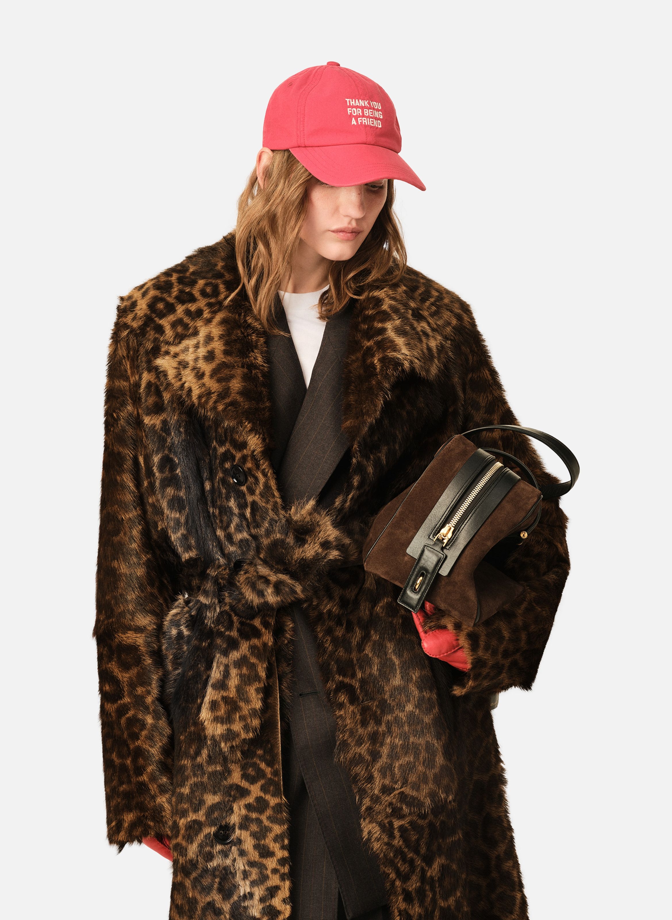 Manteau long léopard ceinturé en cuir de chèvre AMI PARIS Marron