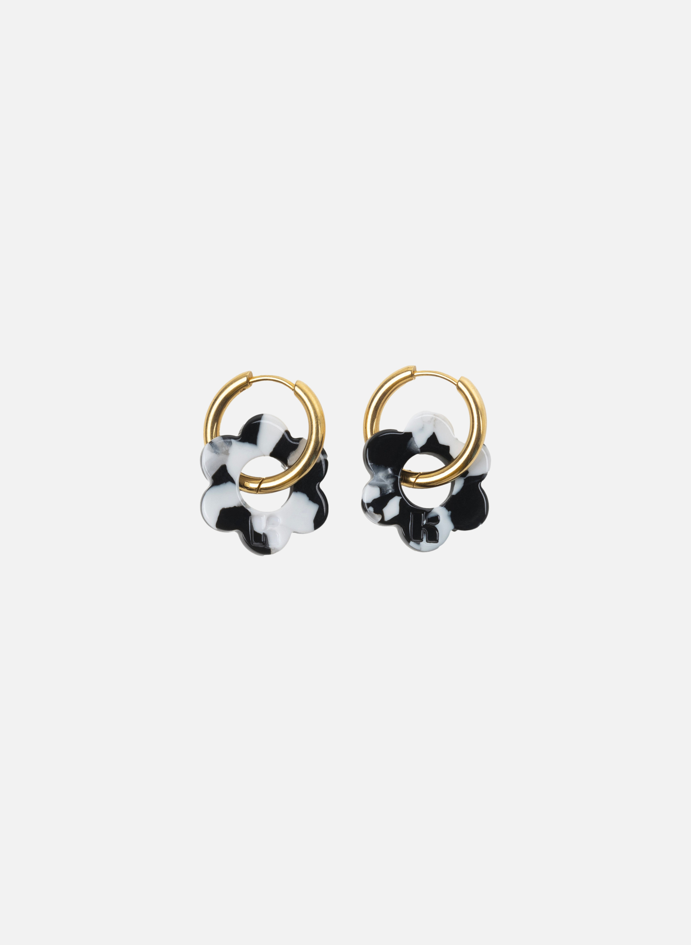 Boucles d'oreilles Baby Fleurette avec anneaux en acier inoxydable doré  Noir et blanc