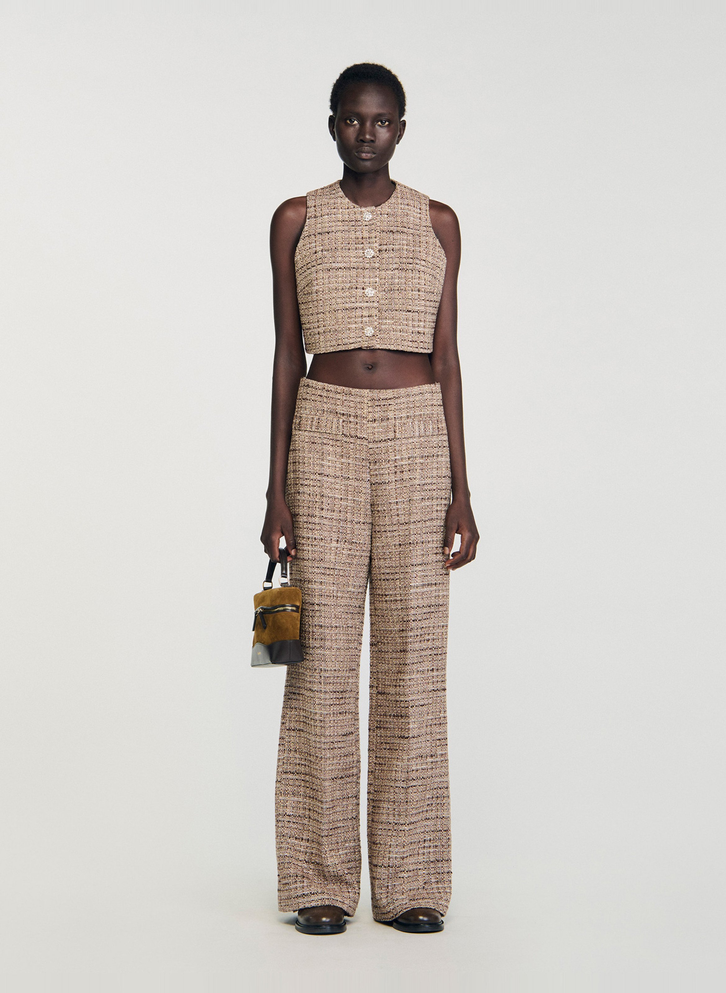Top court sans manches en tweed SANDRO Marron