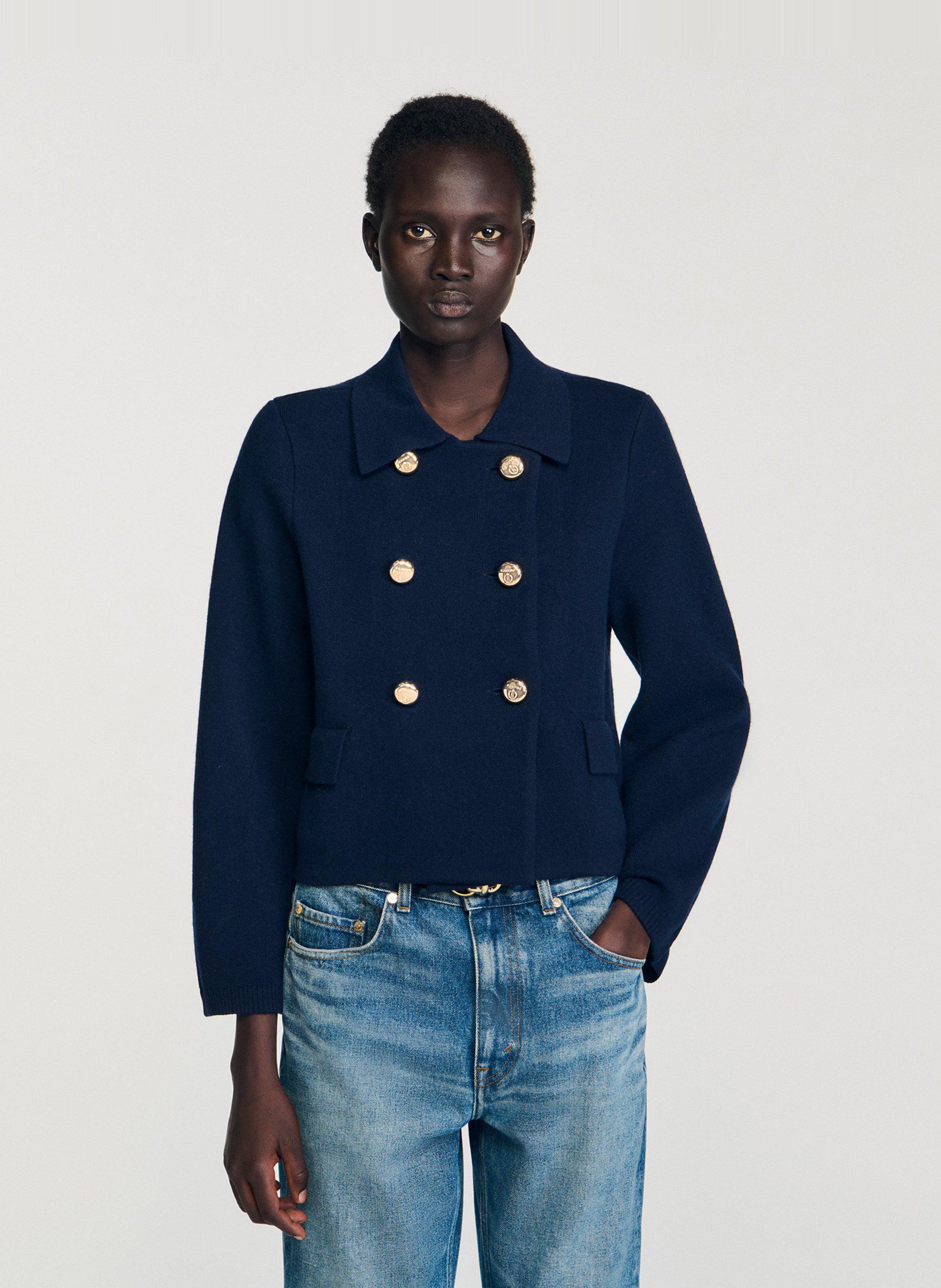 Veste droite boutonnée en laine SANDRO Bleu