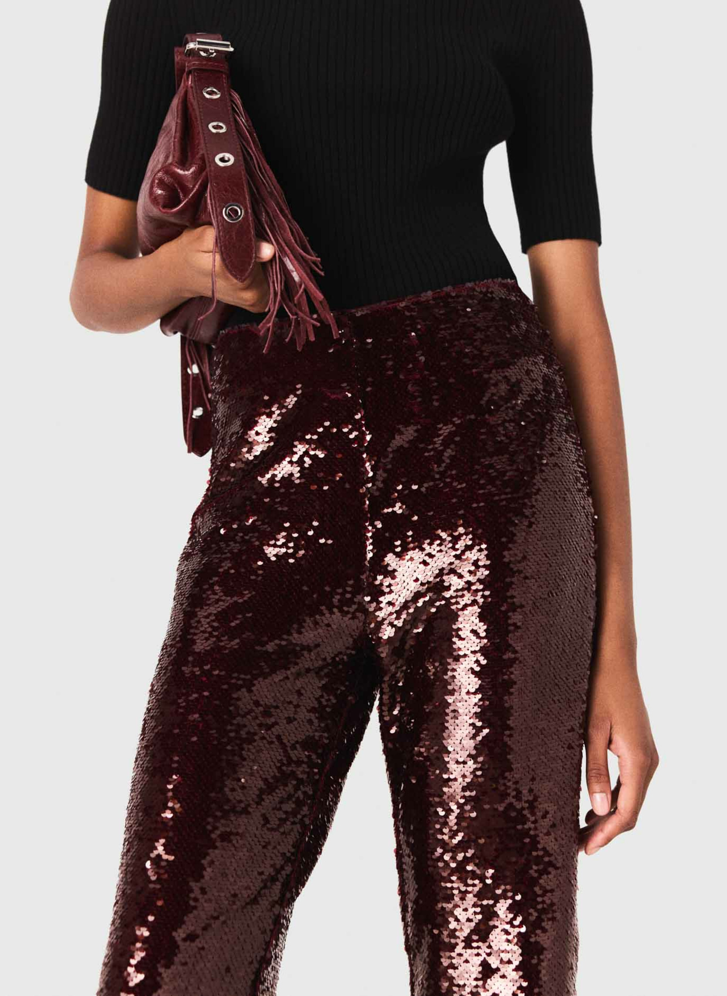 Pantalon droit brodé de sequins Rouge