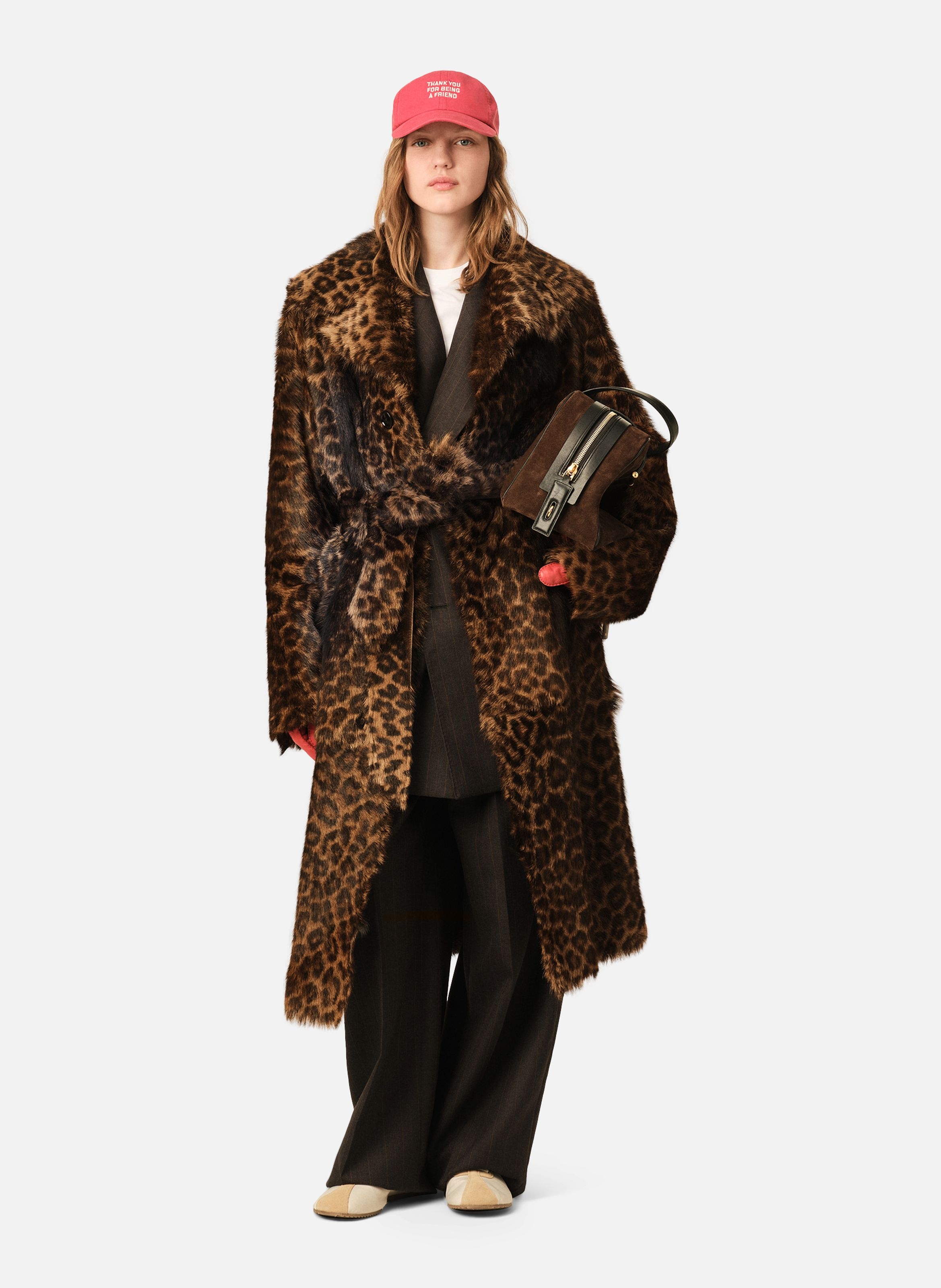Manteau long léopard ceinturé en cuir de chèvre AMI PARIS Marron