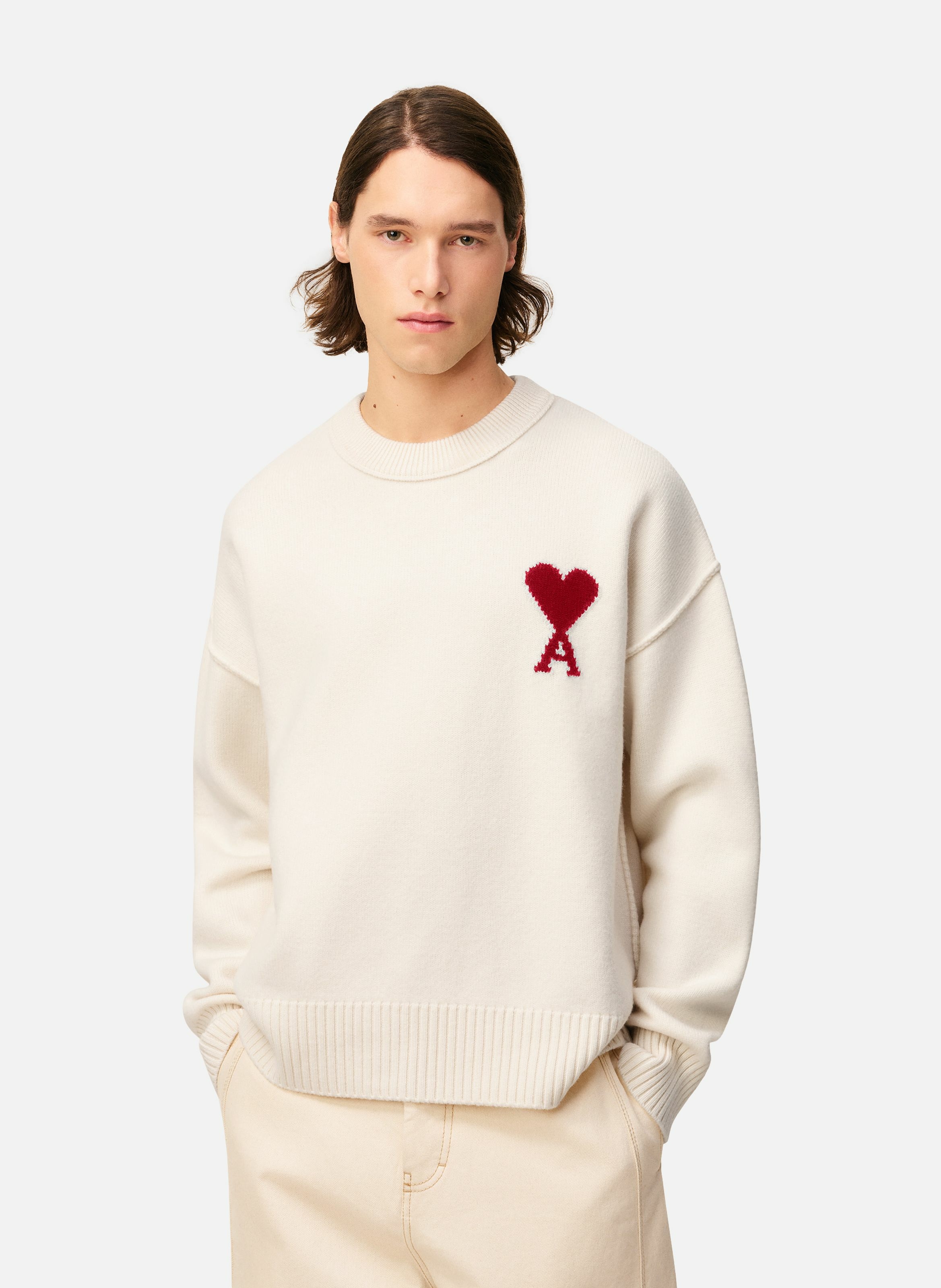 Pull col rond ami de coeur en laine unisexe AMI PARIS Blanc