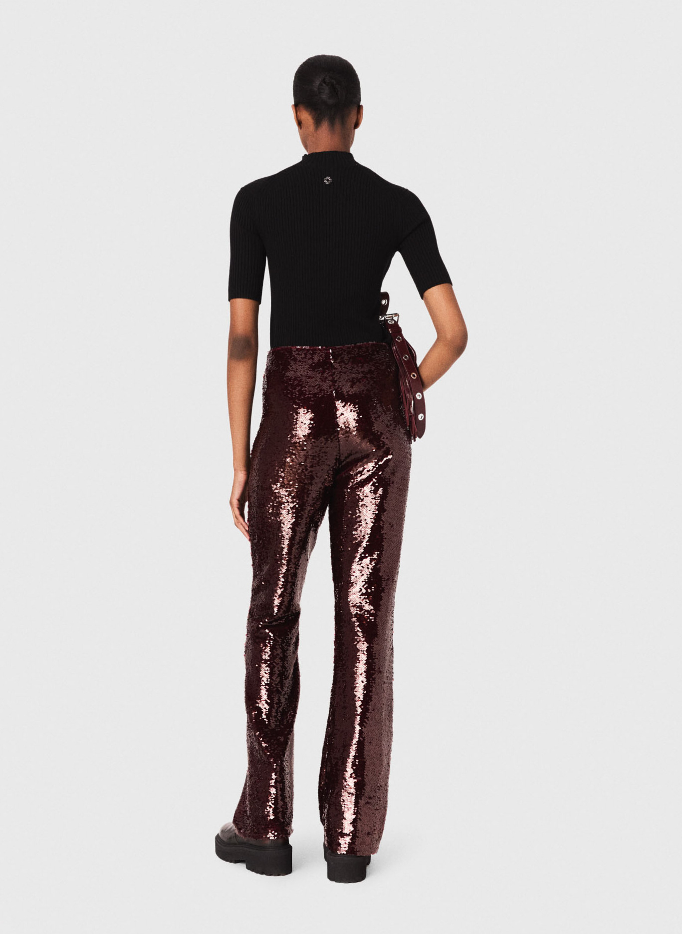 Pantalon droit brodé de sequins Rouge