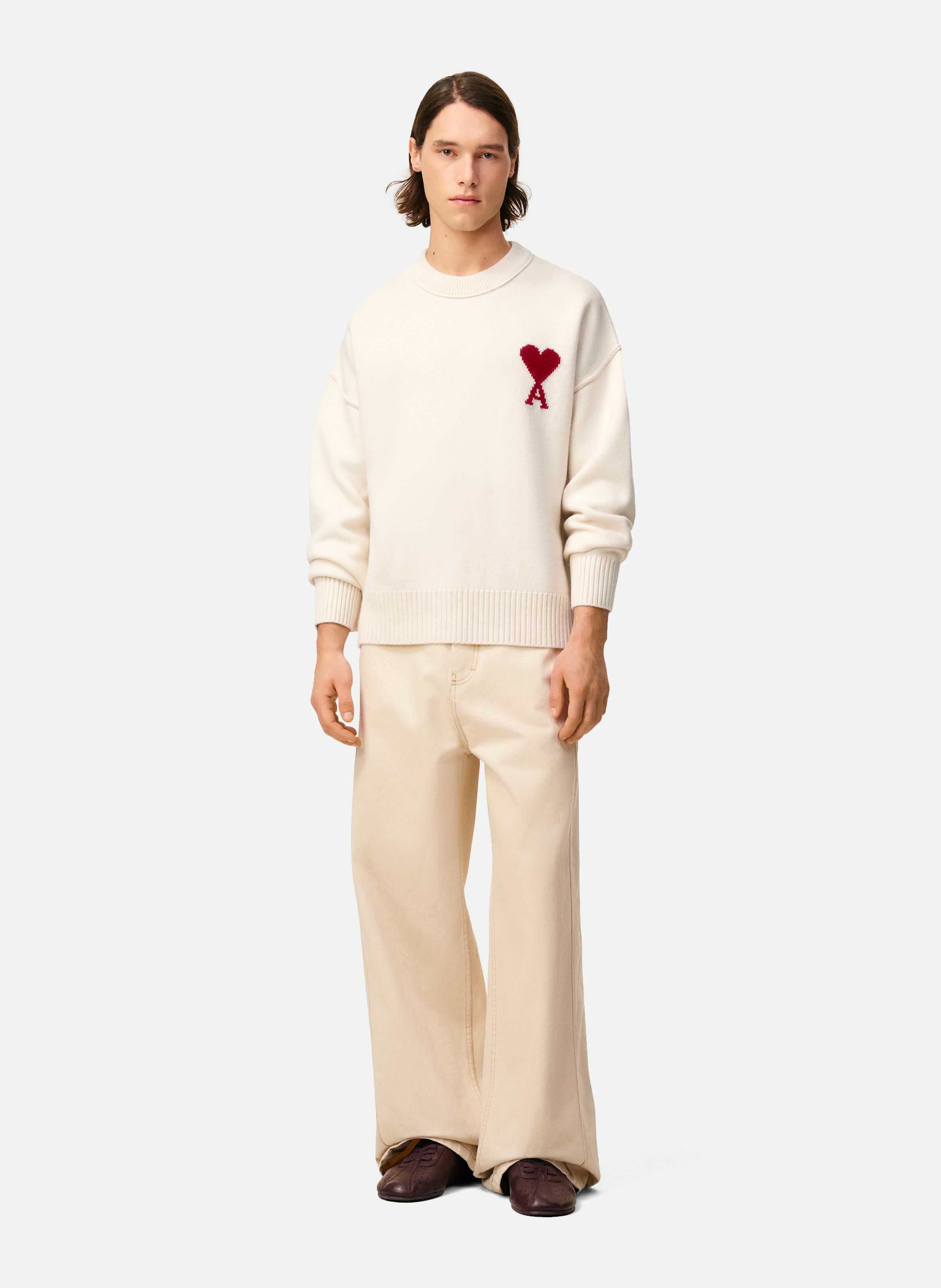 Pull col rond ami de coeur en laine unisexe AMI PARIS Blanc