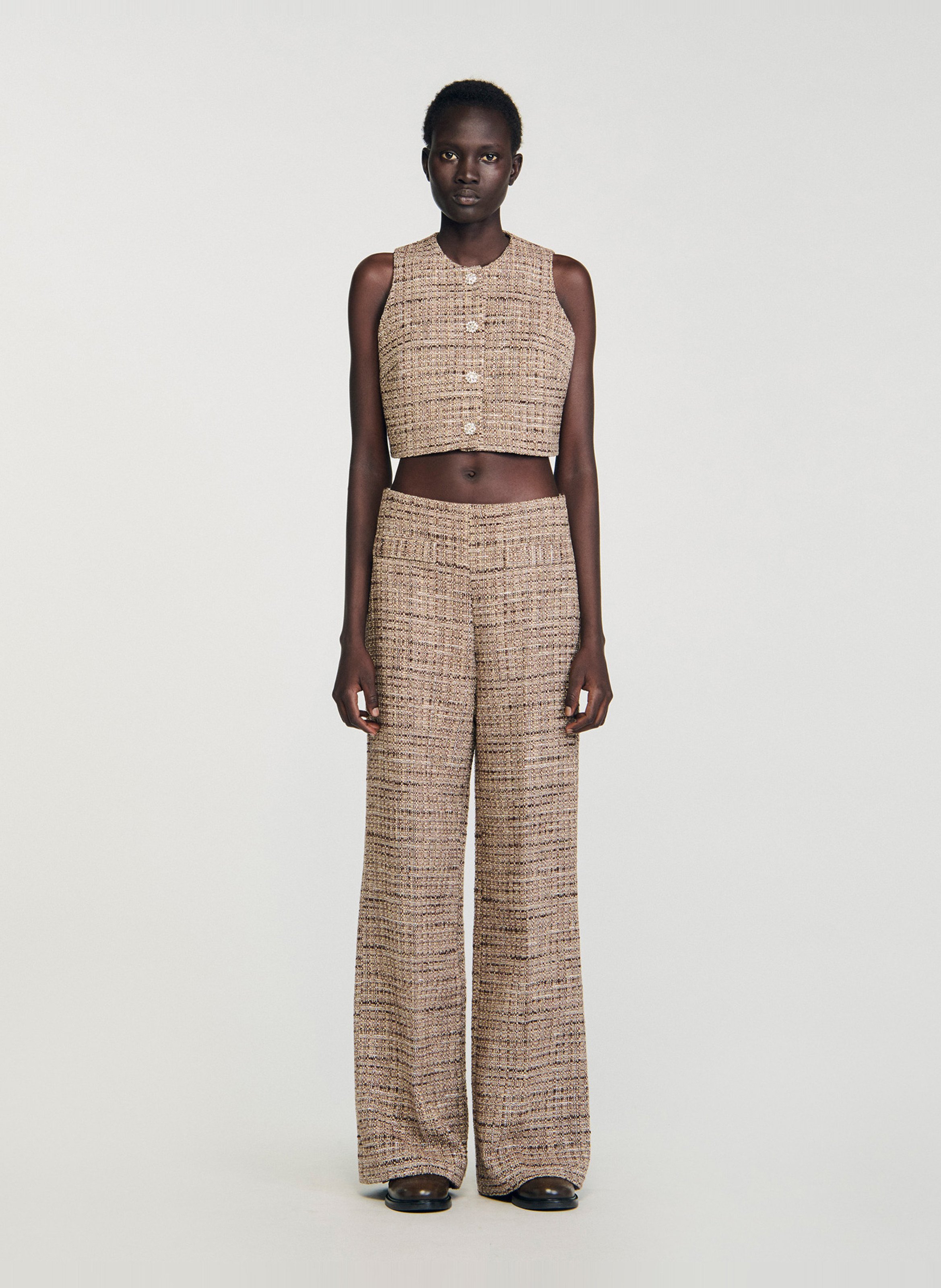 Top court sans manches en tweed SANDRO Marron