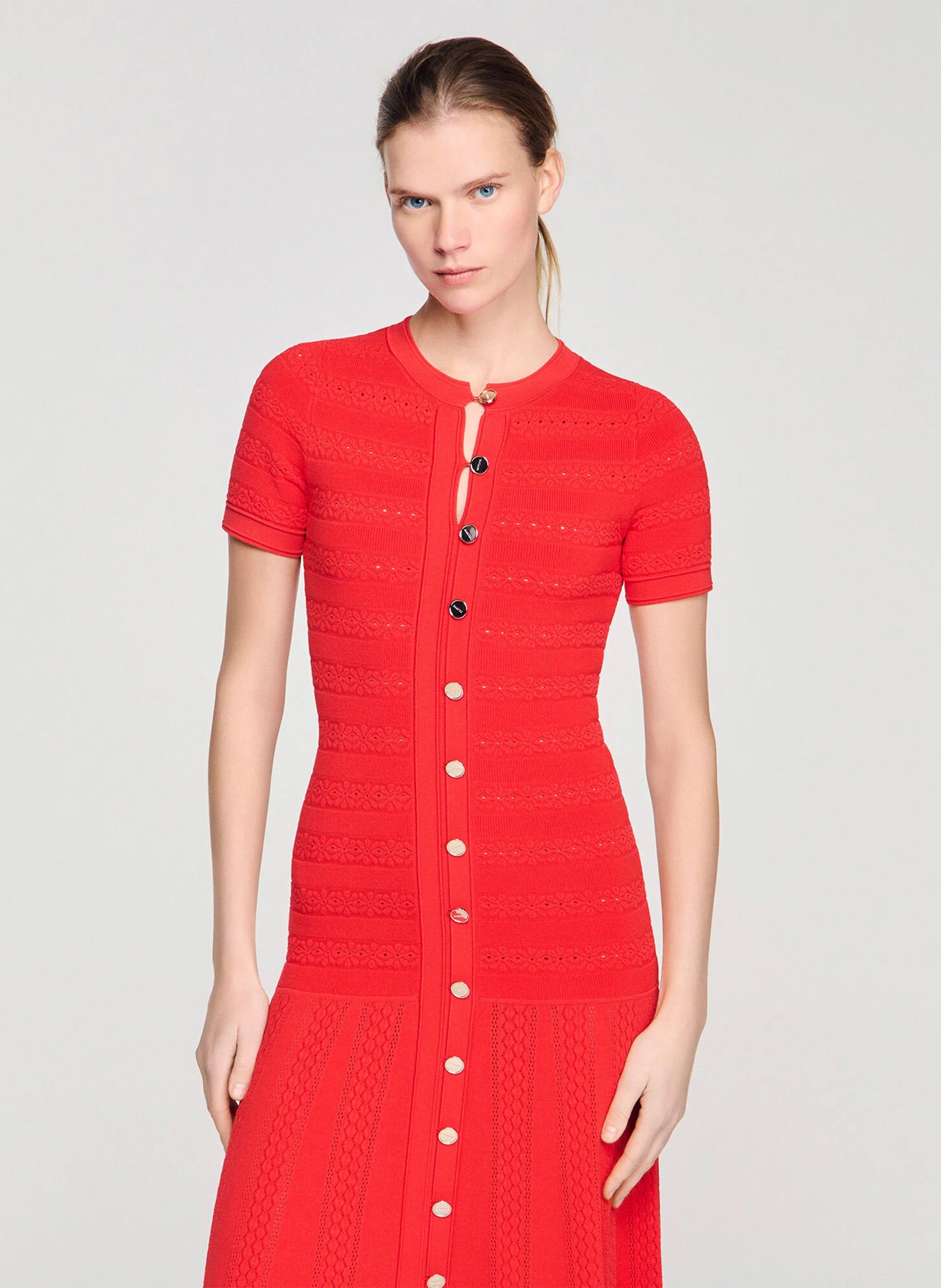 Robe longue col rond en maille SANDRO Rouge