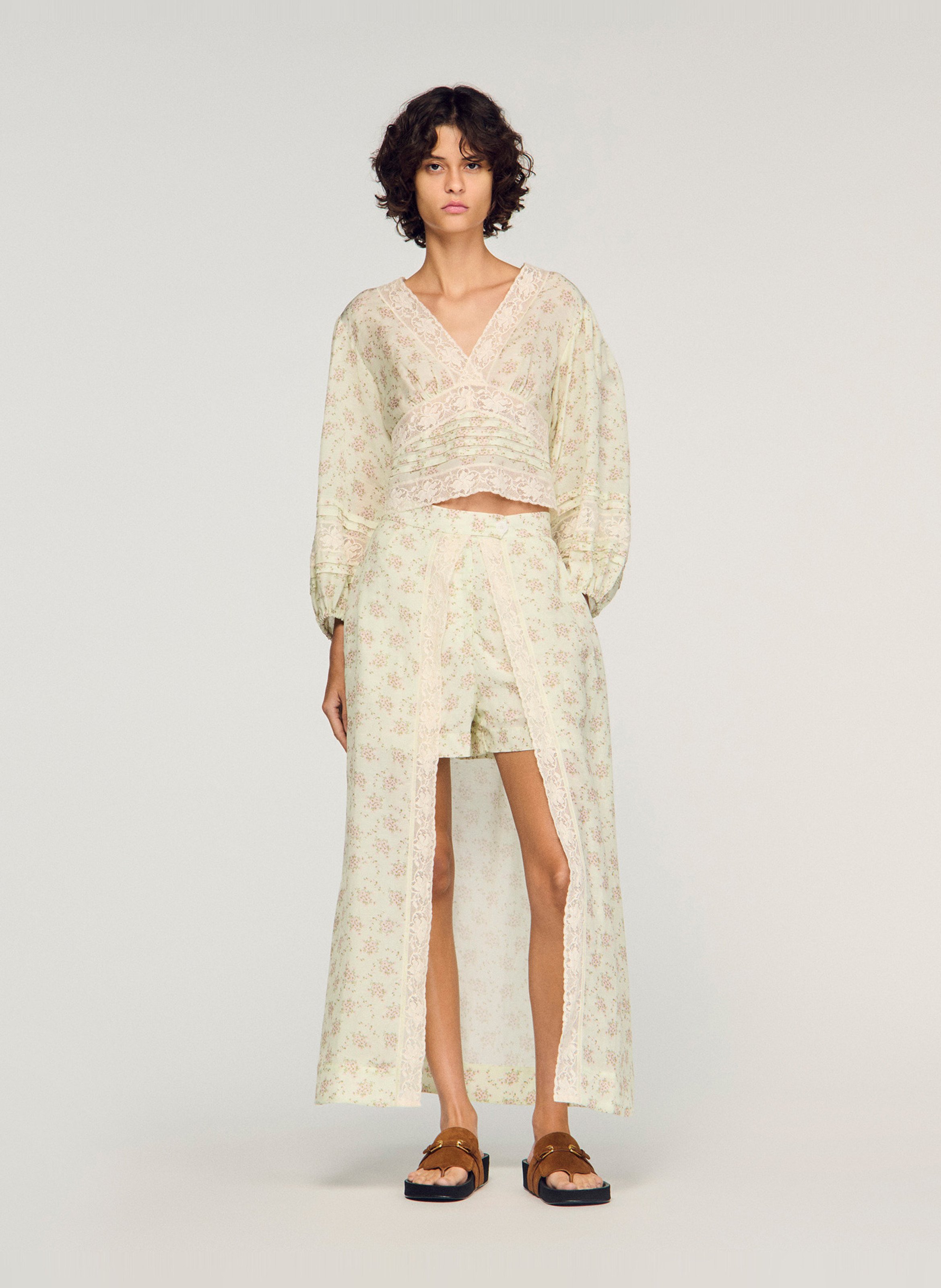 Top court droit col v imprimé SANDRO Rose