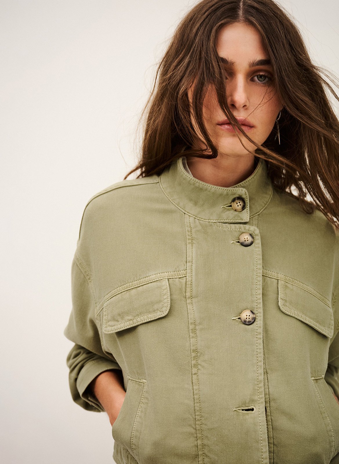 Veste courte ample en denim rallo BA&SH Kaki