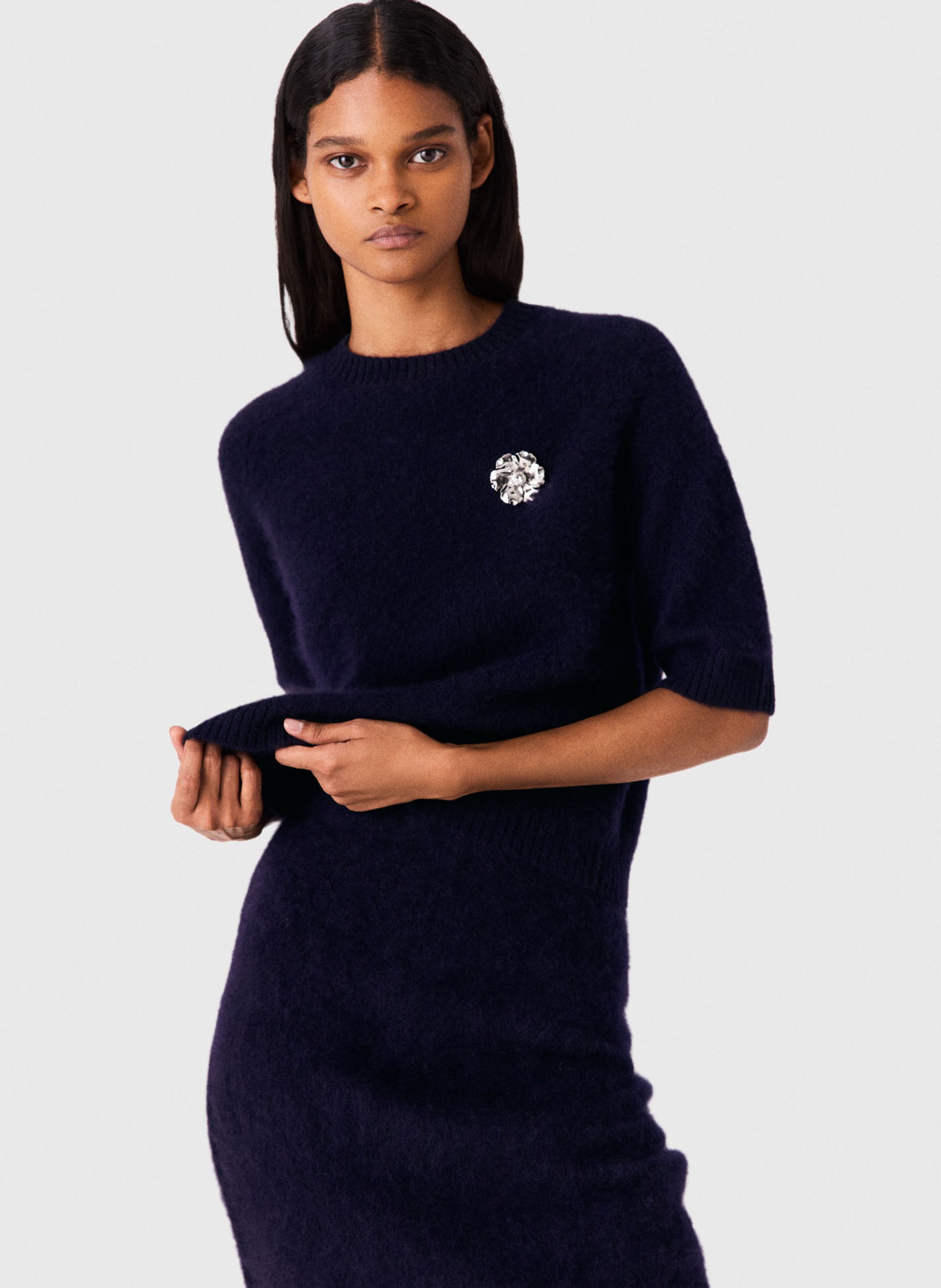 T-shirt court à bijou en laine MAJE Bleu