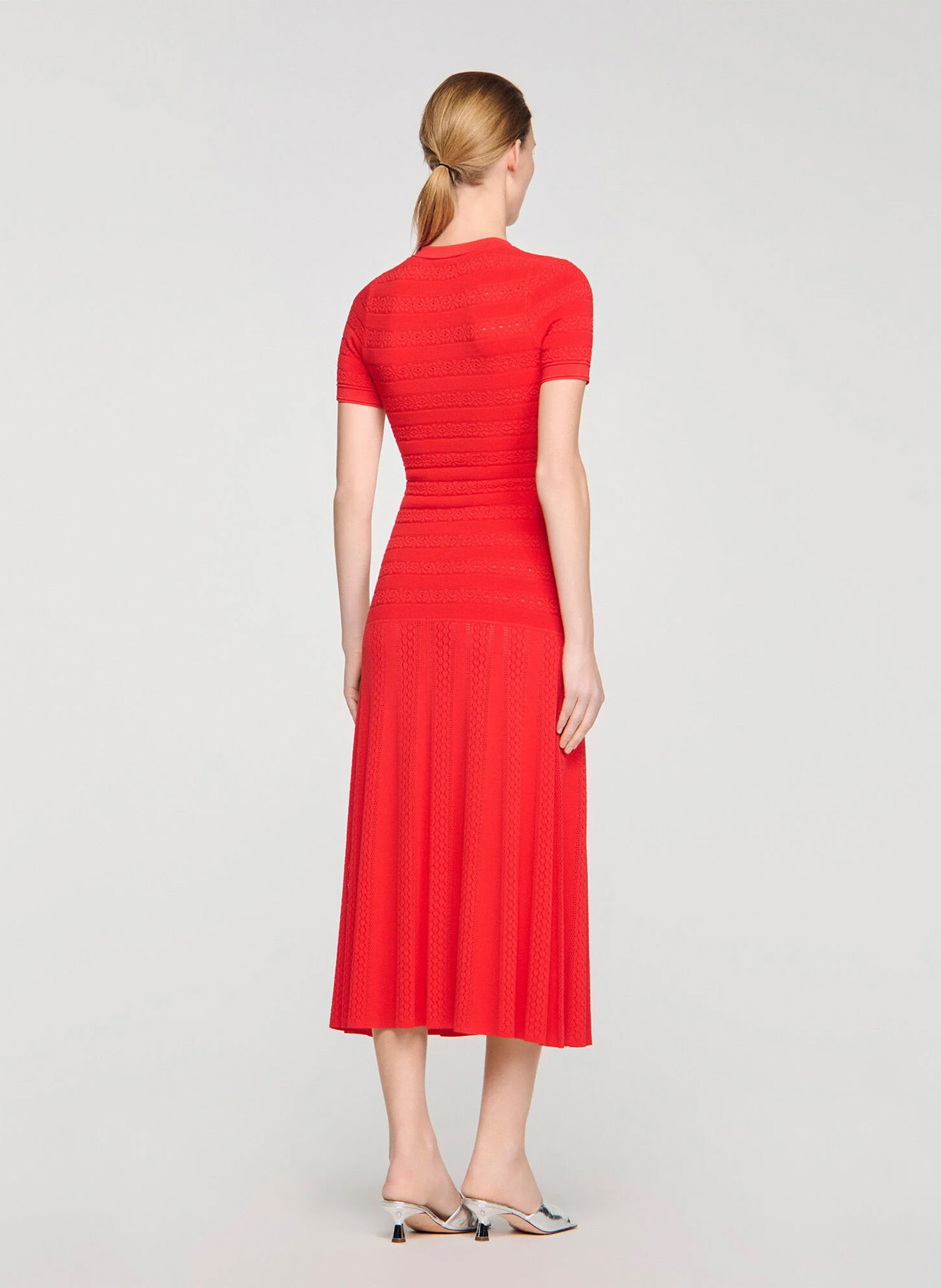 Robe longue col rond en maille SANDRO Rouge