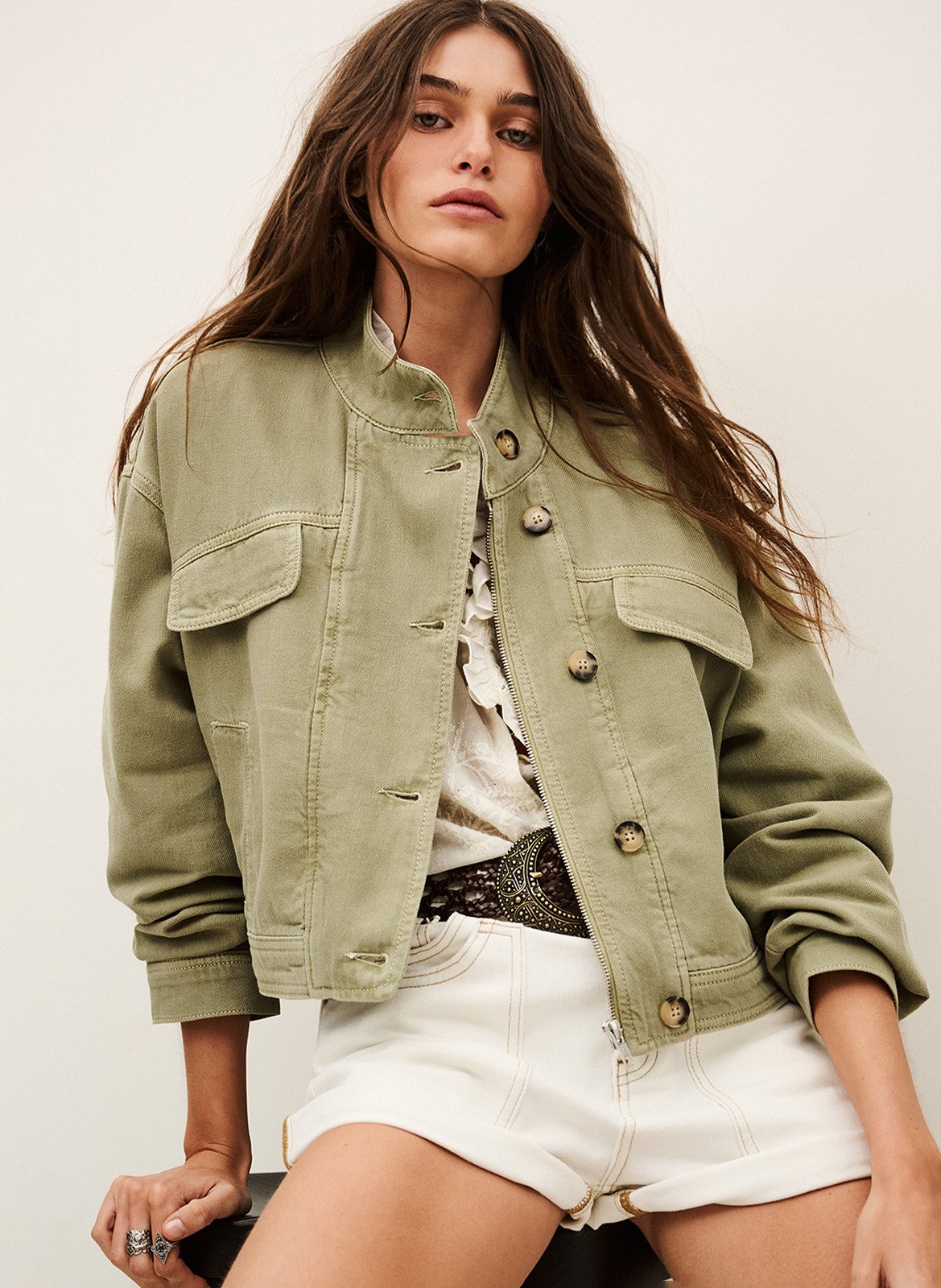 Veste courte ample en denim rallo BA&SH Kaki