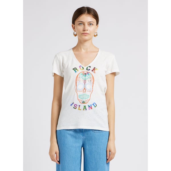 T-shirt col v en lin et coton