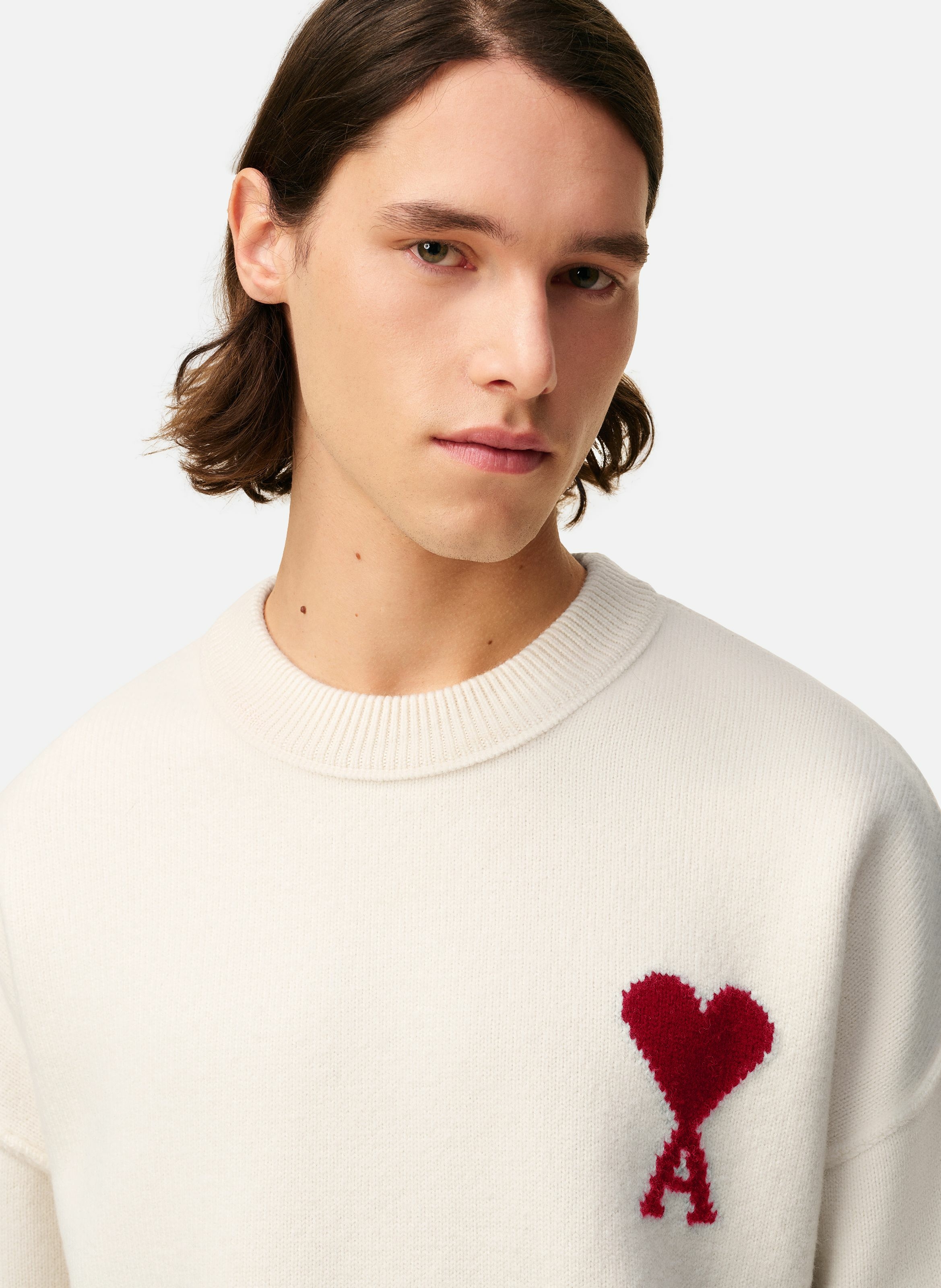 Pull col rond ami de coeur en laine unisexe AMI PARIS Blanc