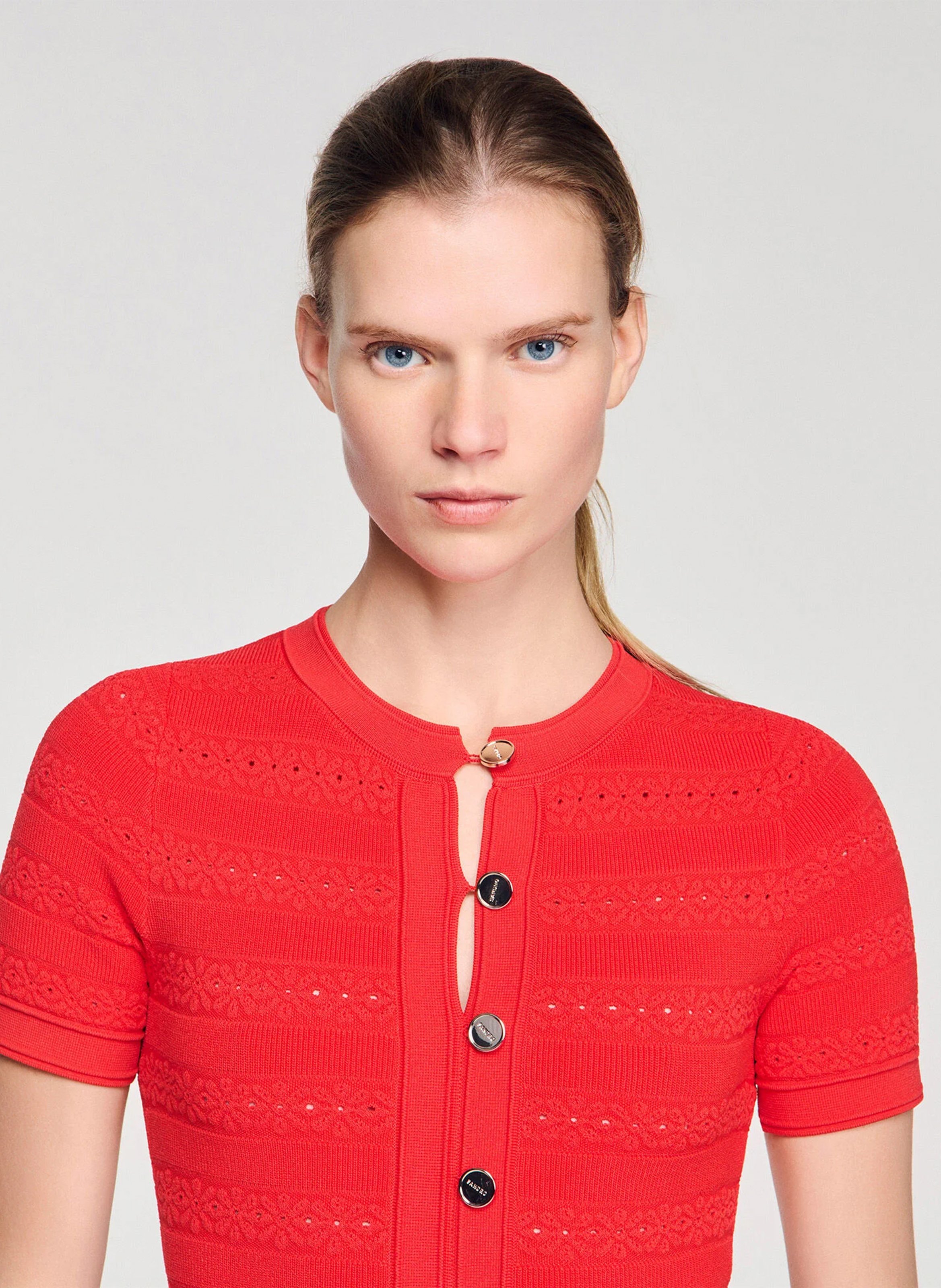 Robe longue col rond en maille SANDRO Rouge