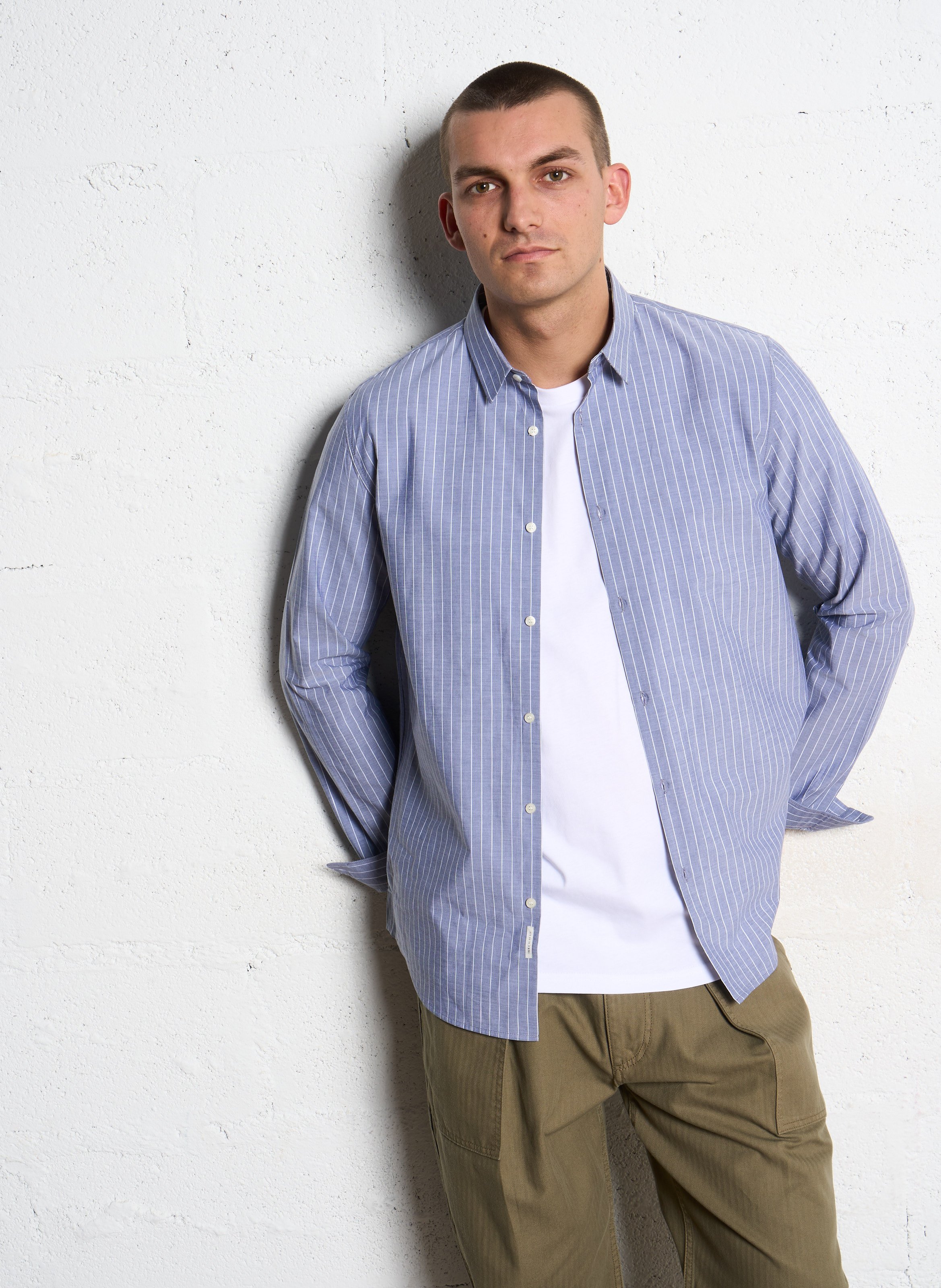 Chemise slim-fit col parisien rayée en coton et lin IKKS Bleu