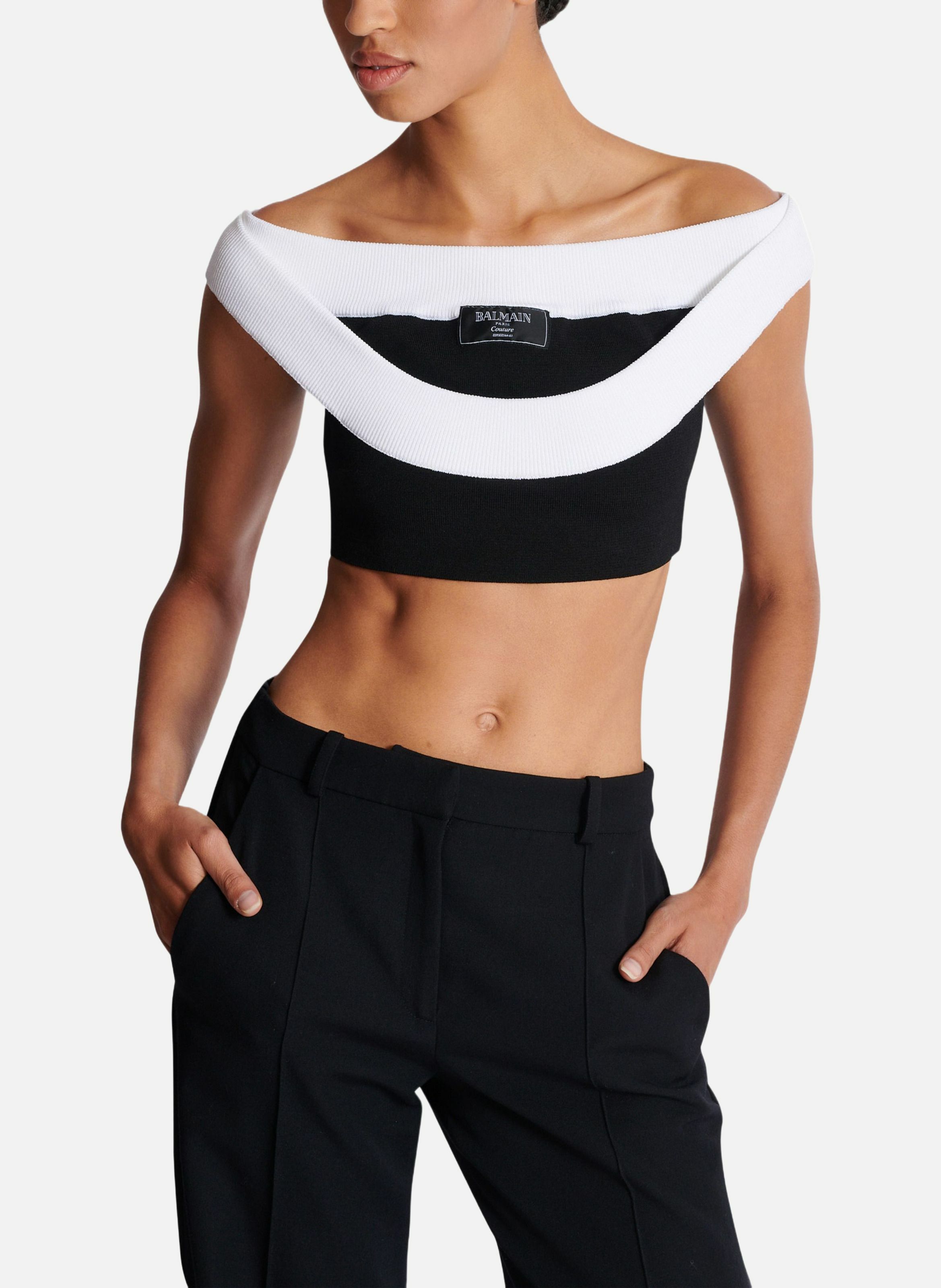 Top court en maille bicolore à double encolure BALMAIN Blanc