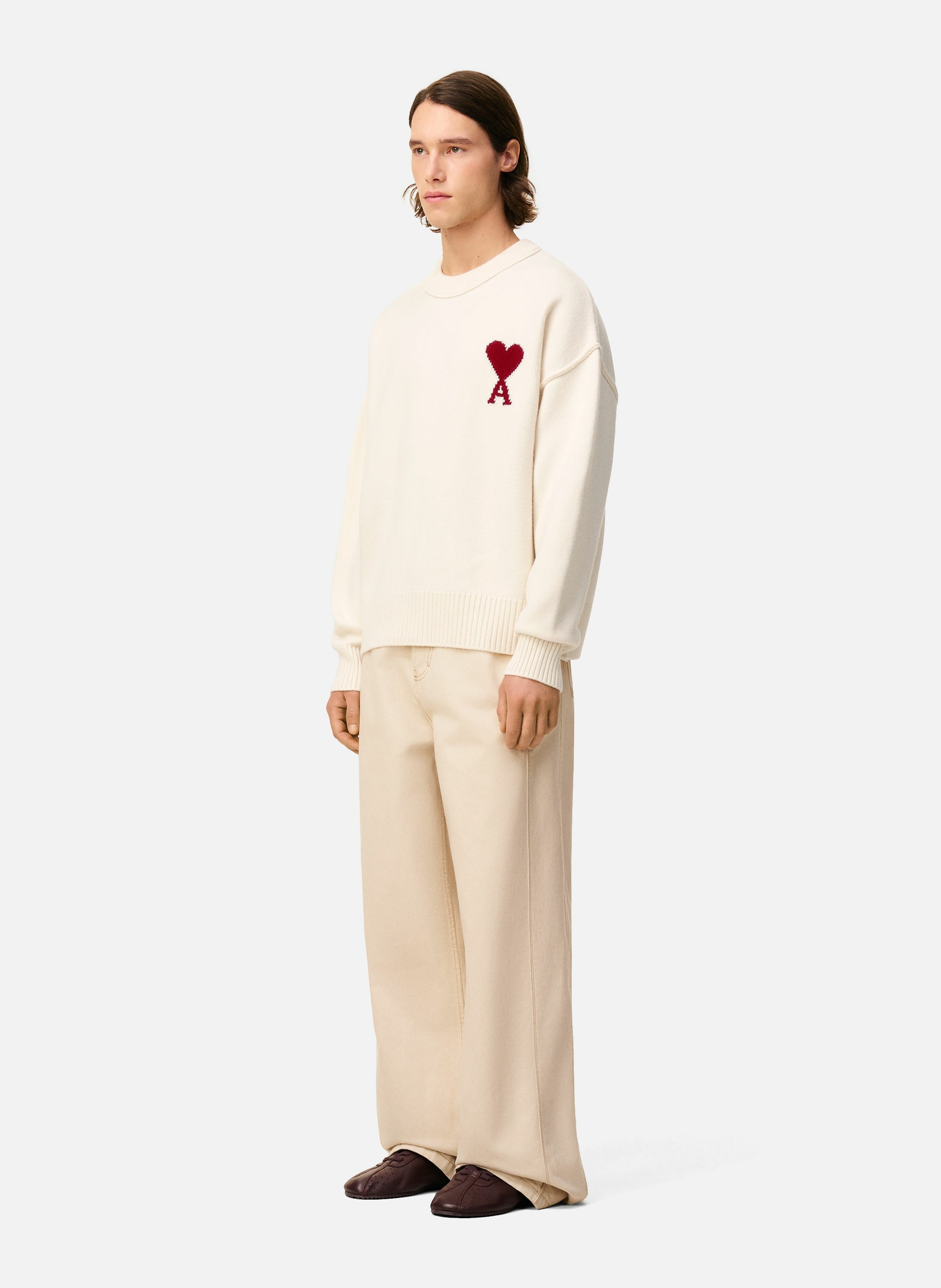 Pull col rond ami de coeur en laine unisexe AMI PARIS Blanc