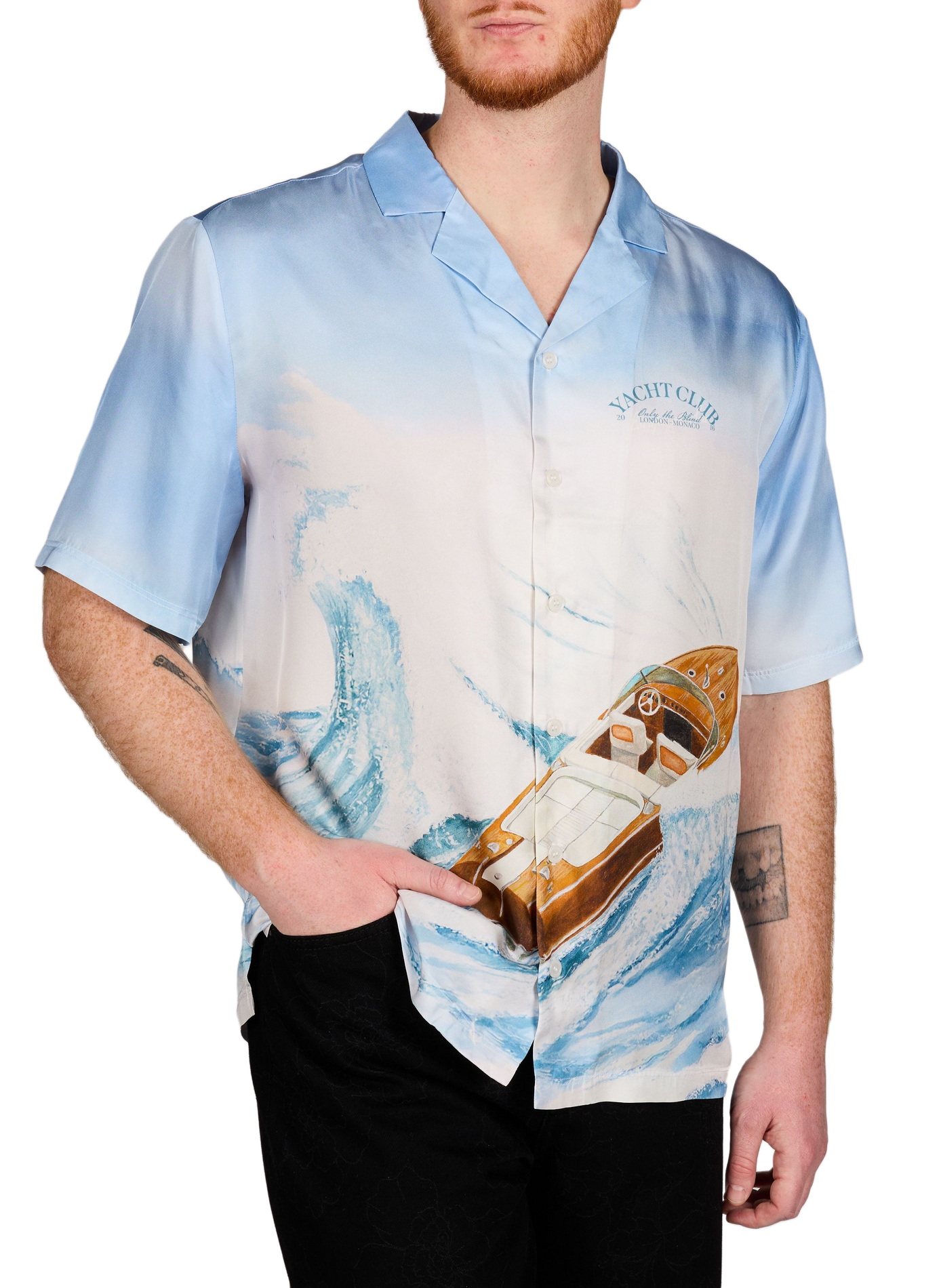 Printed Sea Wave short-sleeve silk shirt ONLY THE BLIND Blue