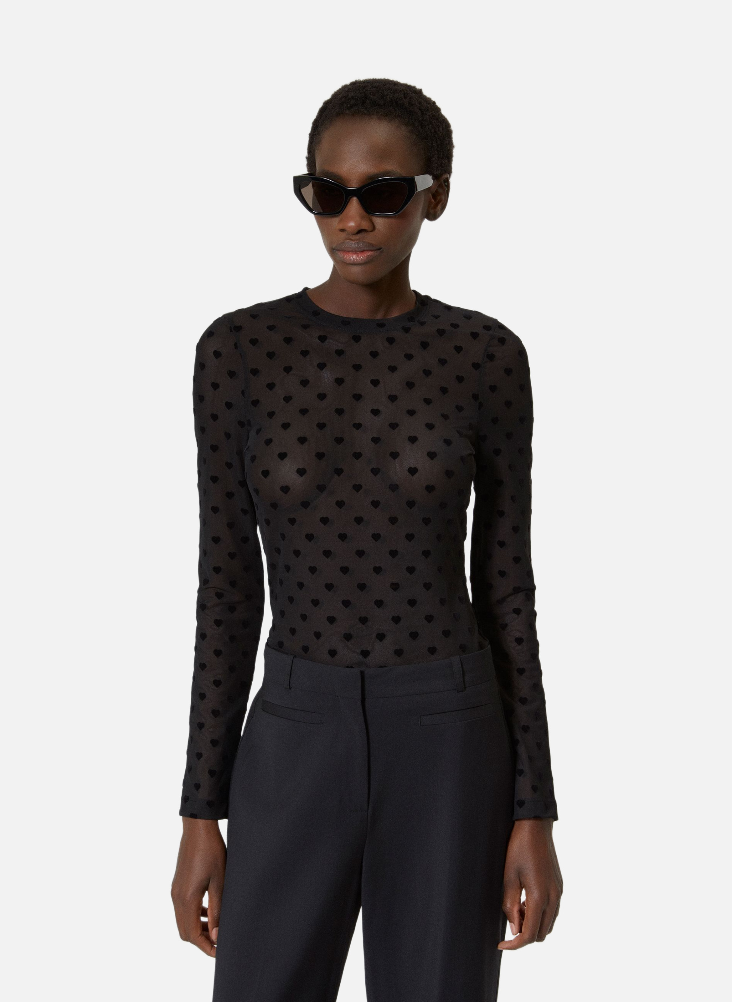 T-shirt manches longues en mesh floqué cœurs THE KOOPLES Noir