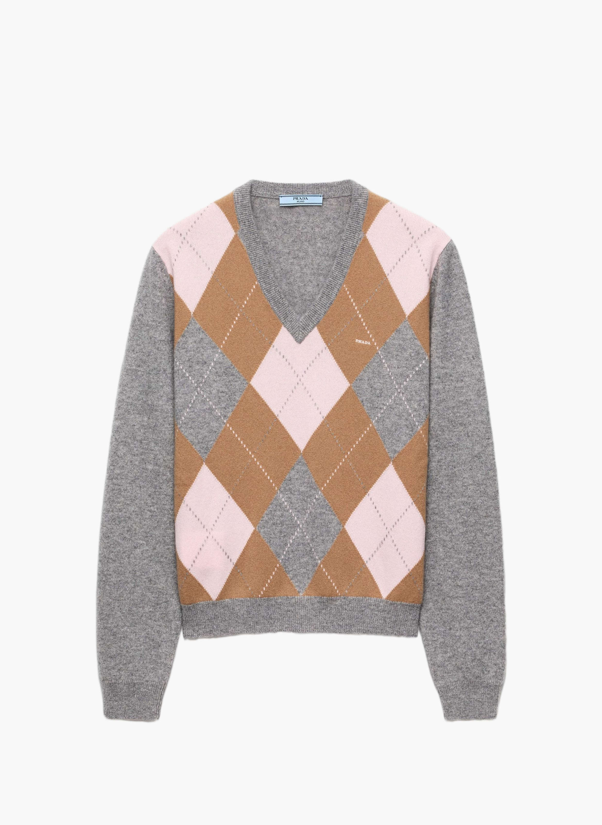 Pull à col v en cachemire à motif argyle PRADA Gris