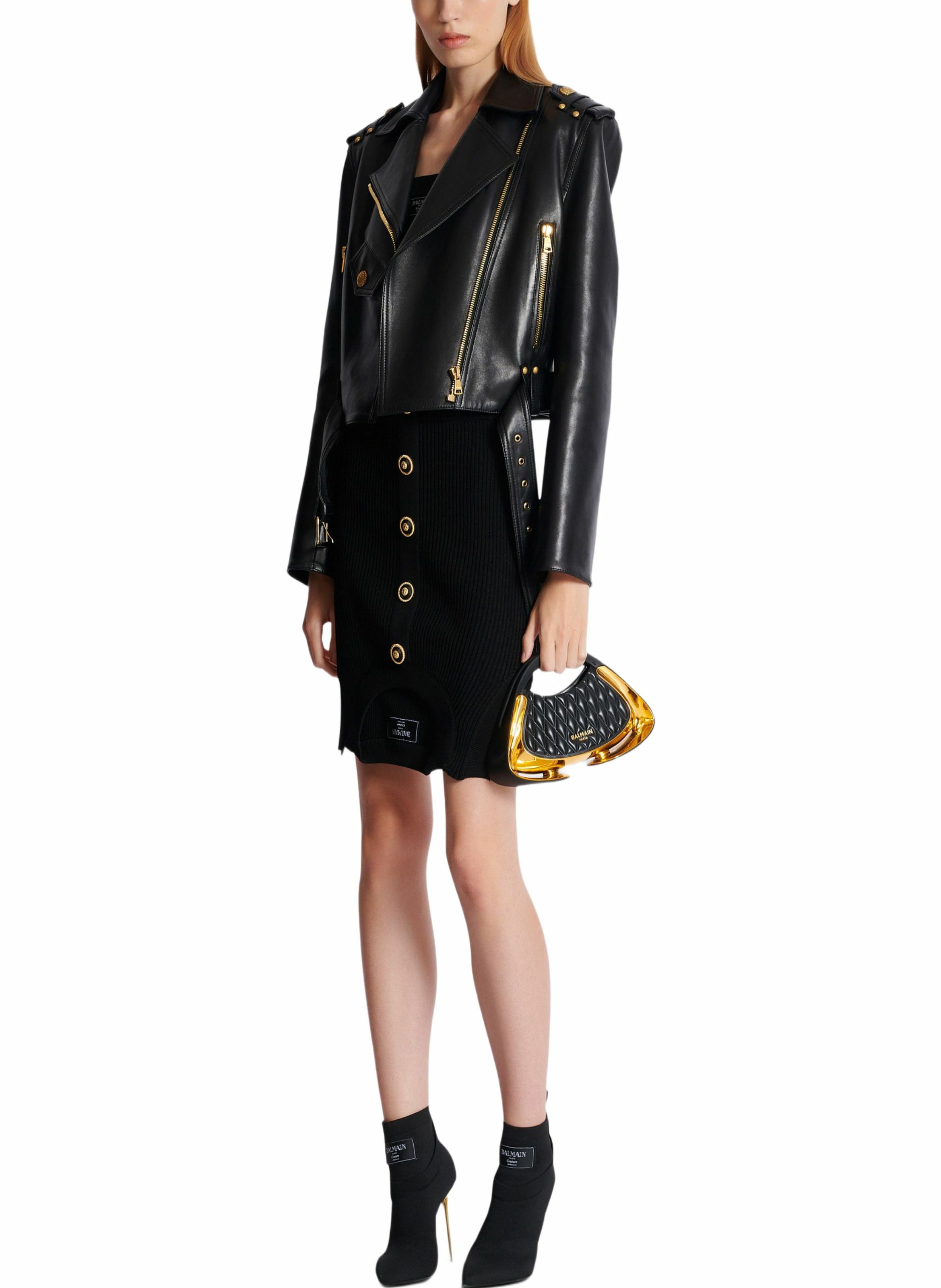 Jupe courte trompe-l'œil en maille côtelée BALMAIN Noir