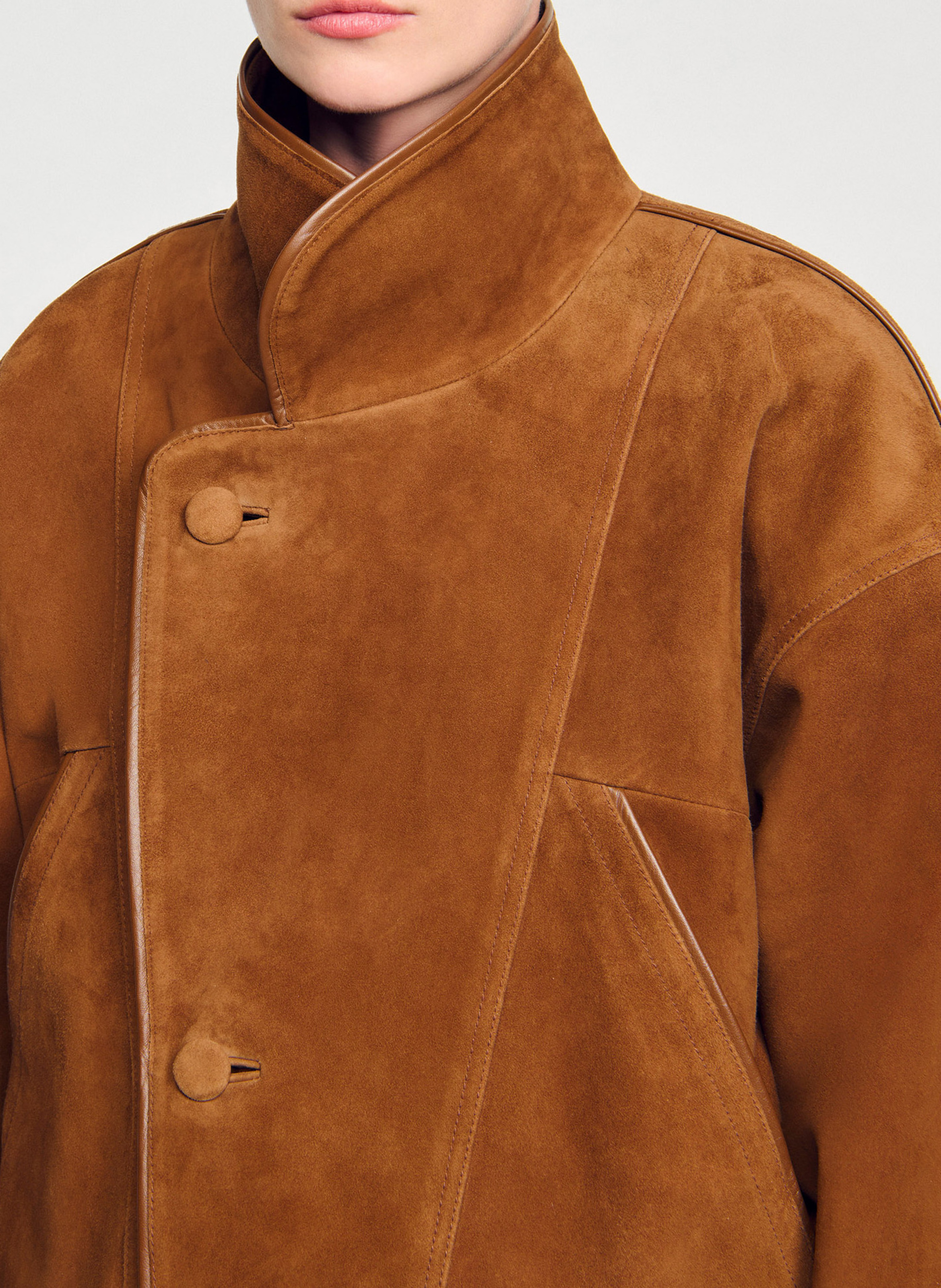 Veste col classique en cuir velours SANDRO Marron