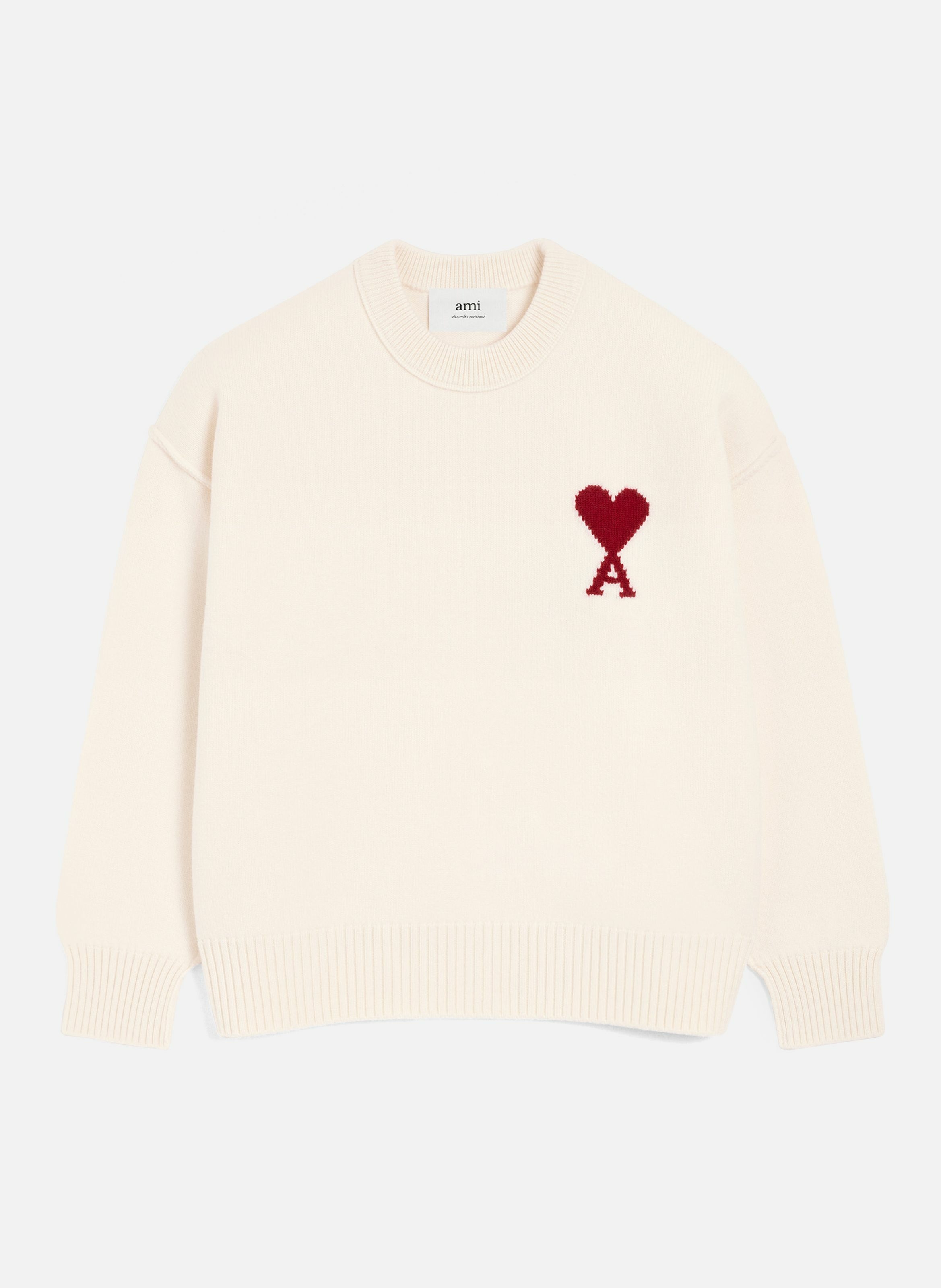 Pull col rond ami de coeur en laine unisexe AMI PARIS Blanc