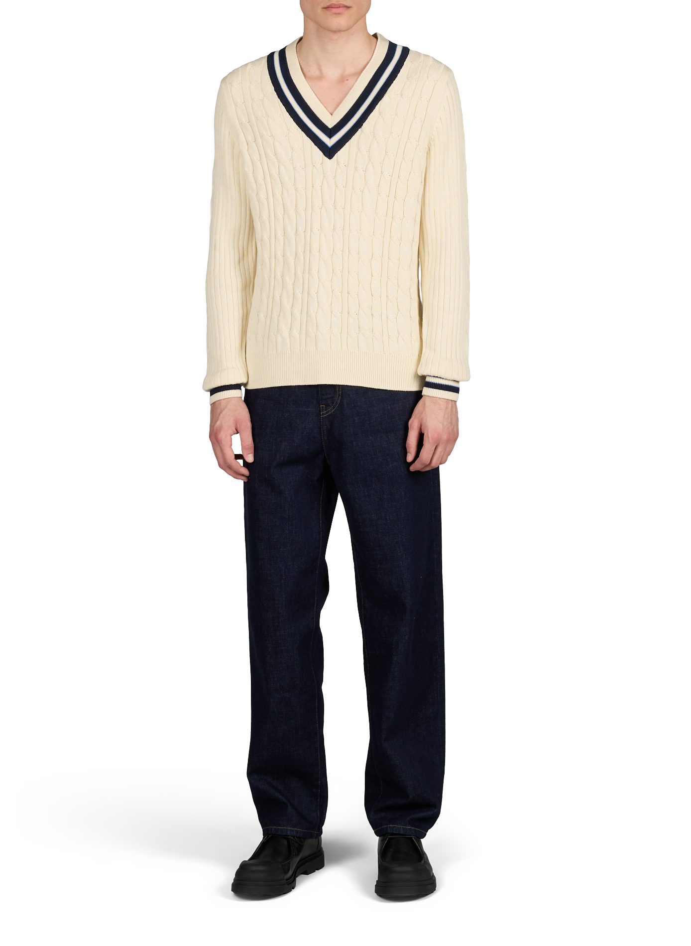 Pull col V en maille tressée HACKETT Blanc