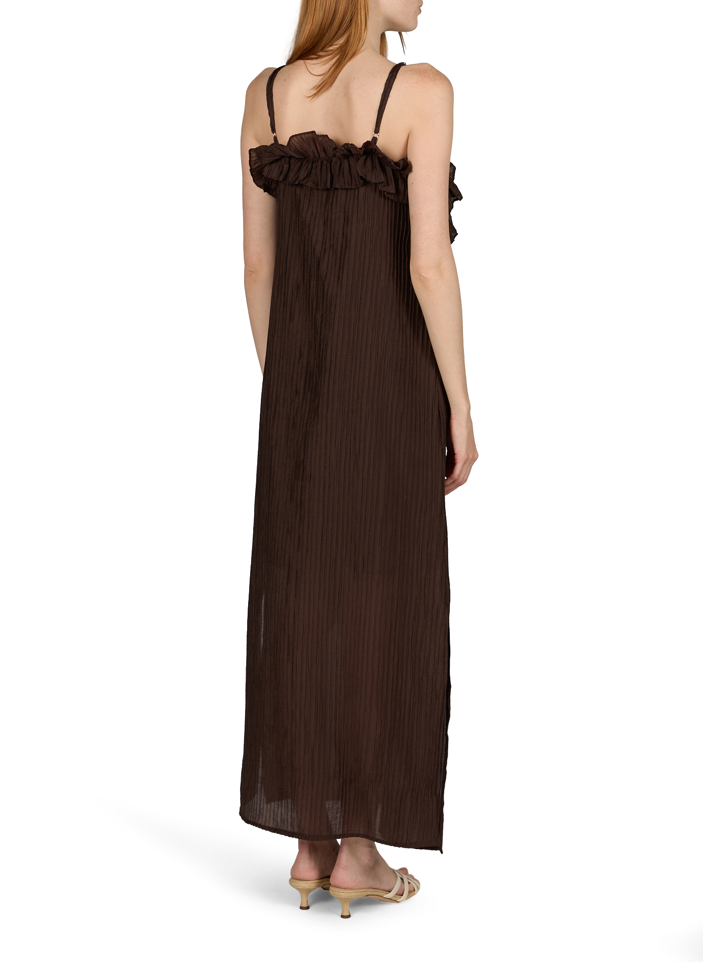 Pleated dress with thin straps OBJECT Brown