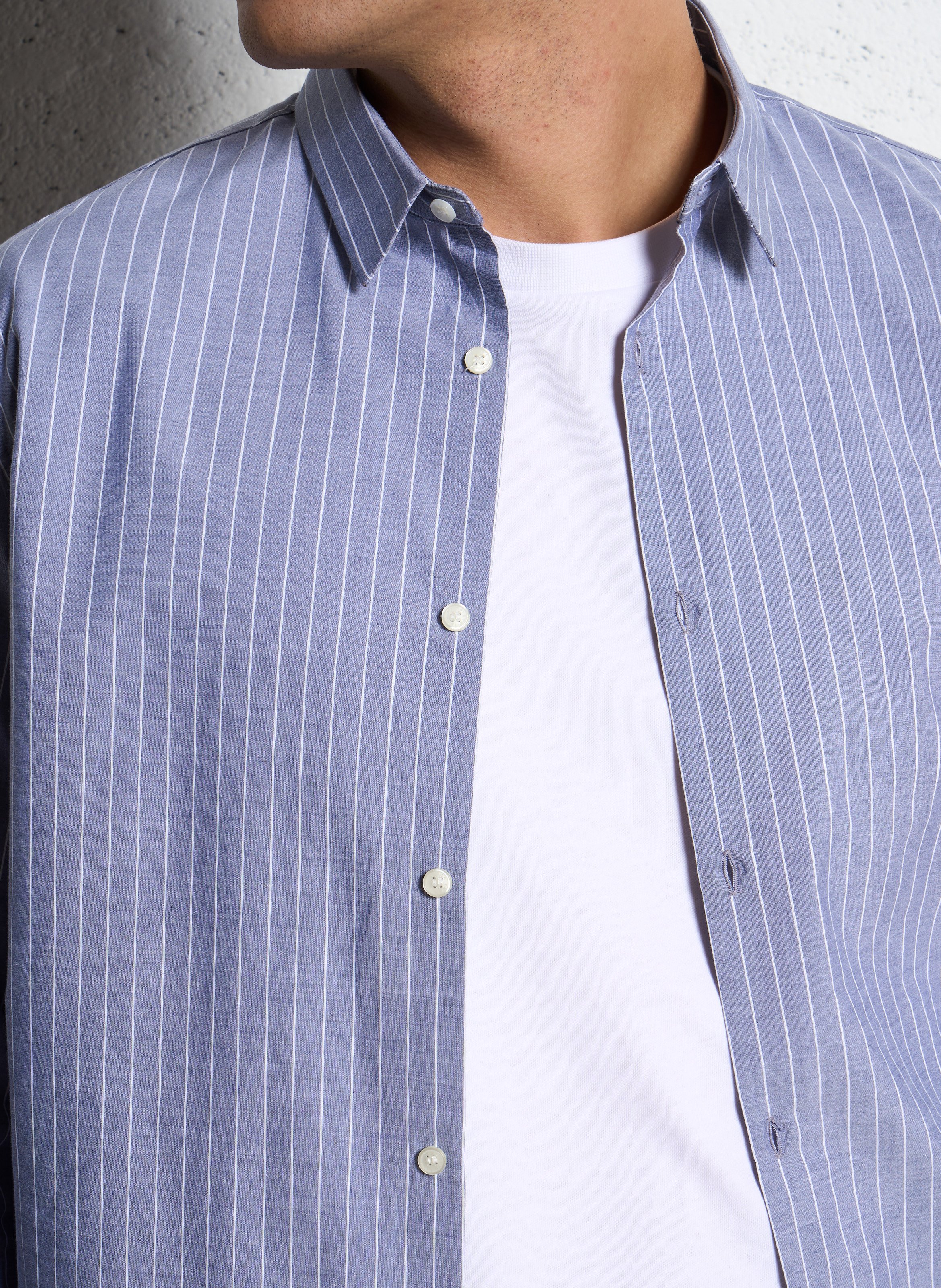 Chemise slim-fit col parisien rayée en coton et lin IKKS Bleu