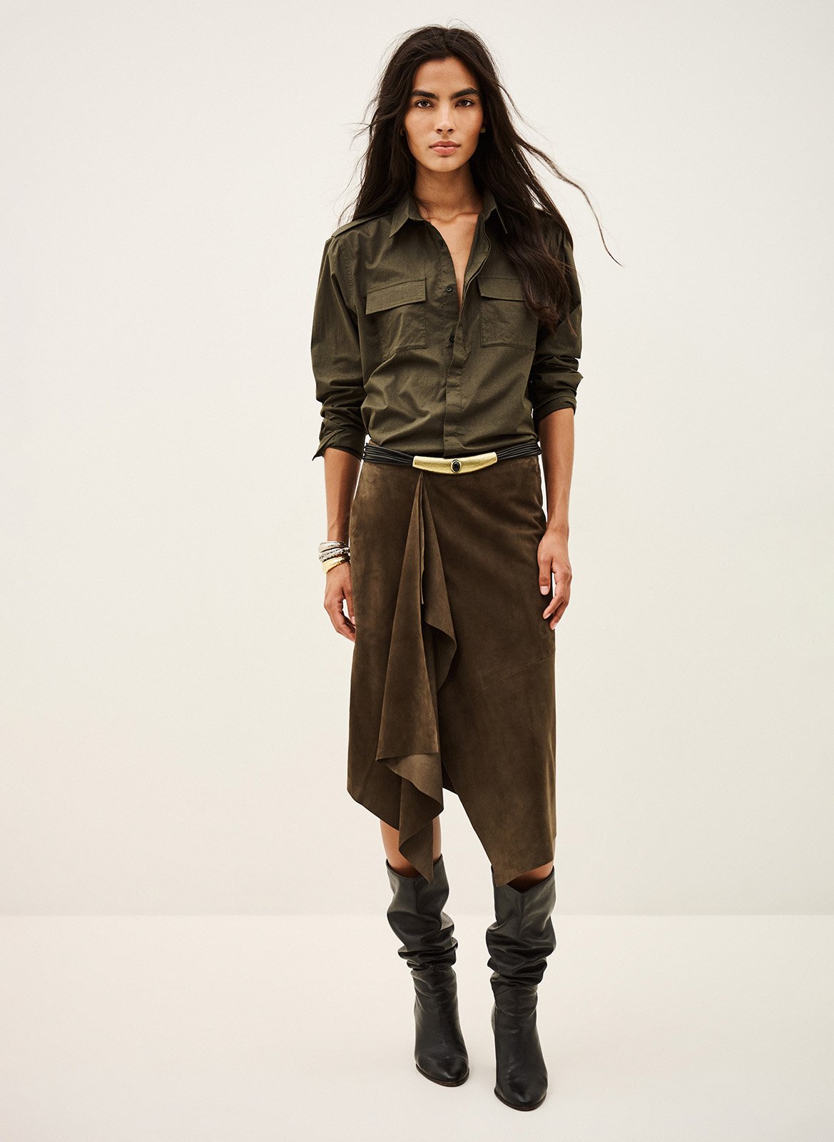 Jupe midi asymétrique en cuir naya BA&SH Marron