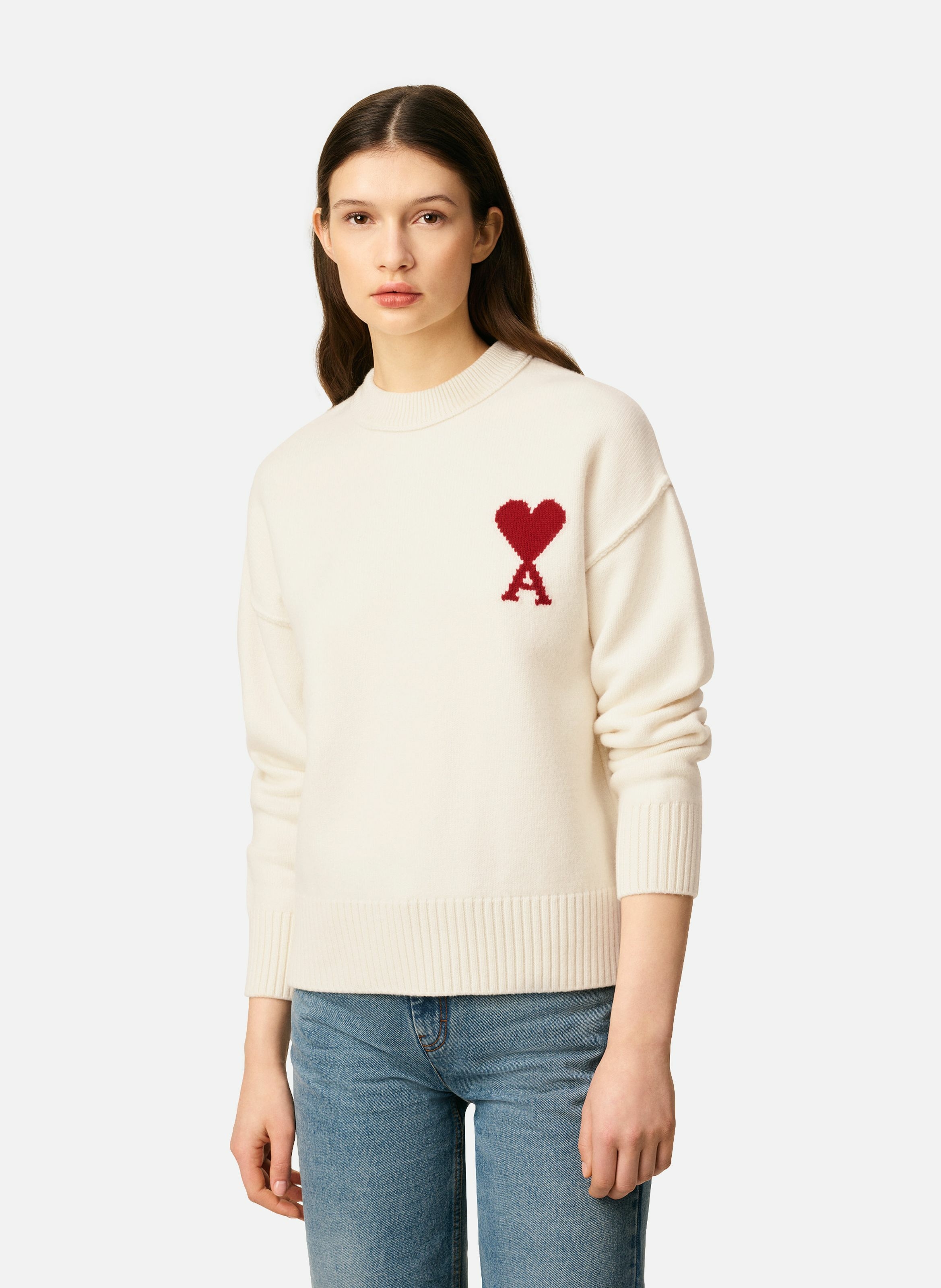 Pull col rond ami de coeur en laine unisexe AMI PARIS Blanc